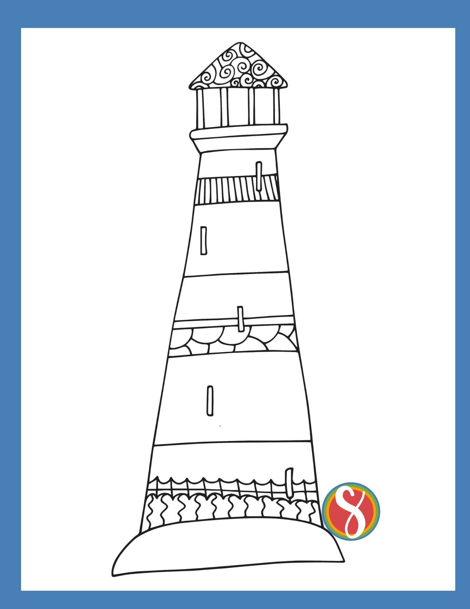 a simple lighthouse color page on a blue background