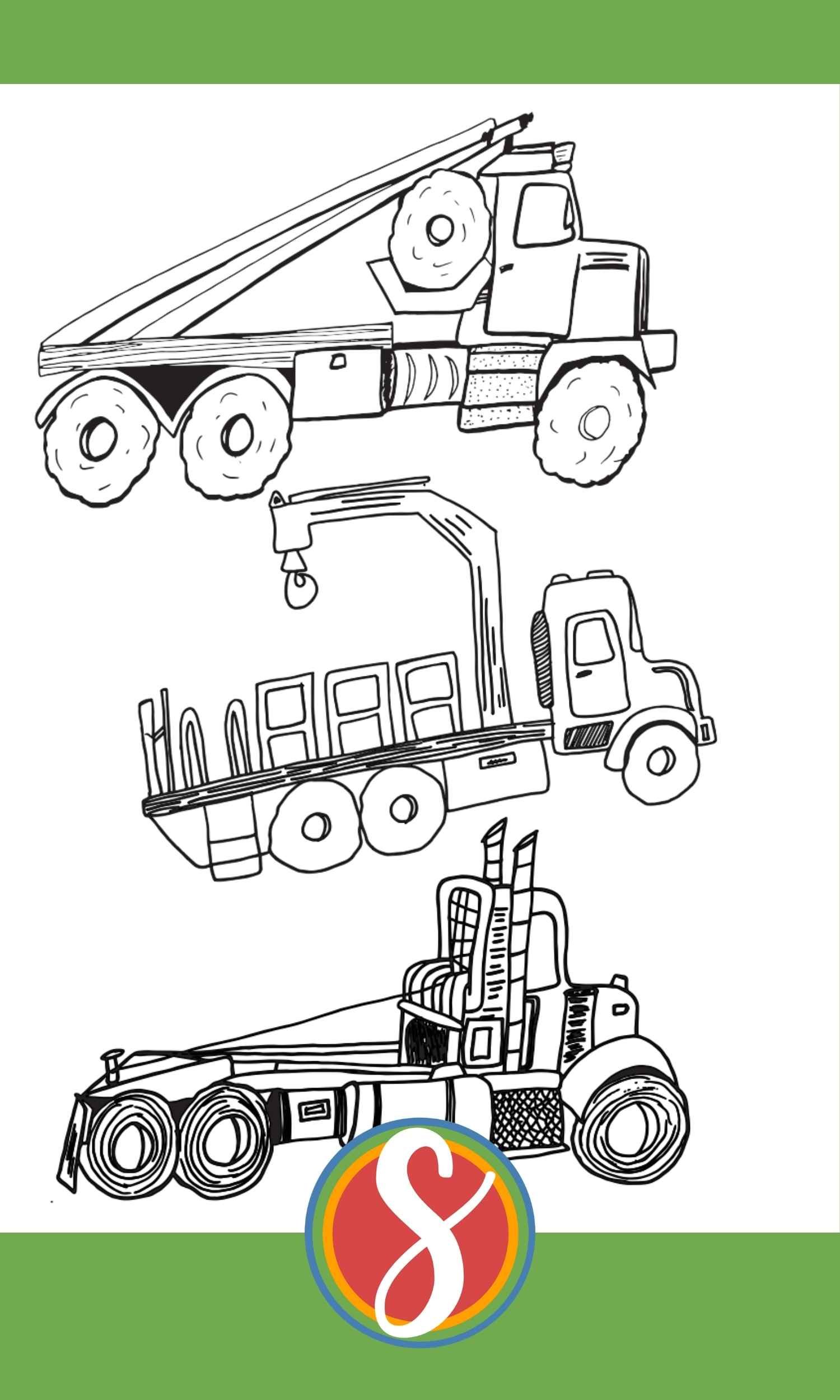 3 simple trucks drawn on the coloring page