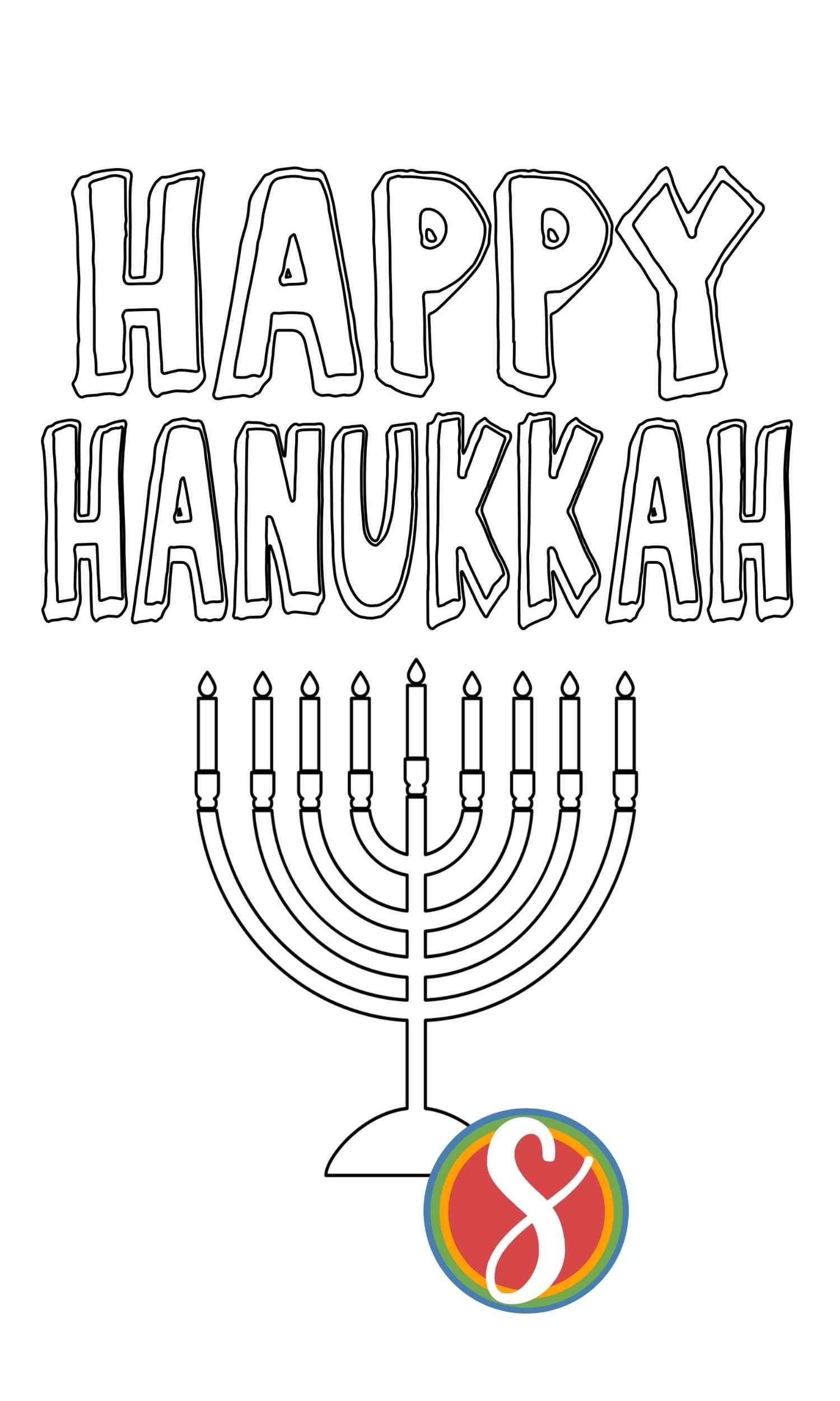 coloring page with menorah and "Happy Hanukkah"
