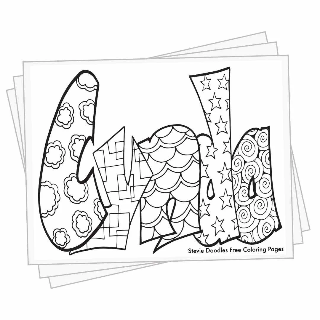 bubble letters "Cynda" with doodles inside to color