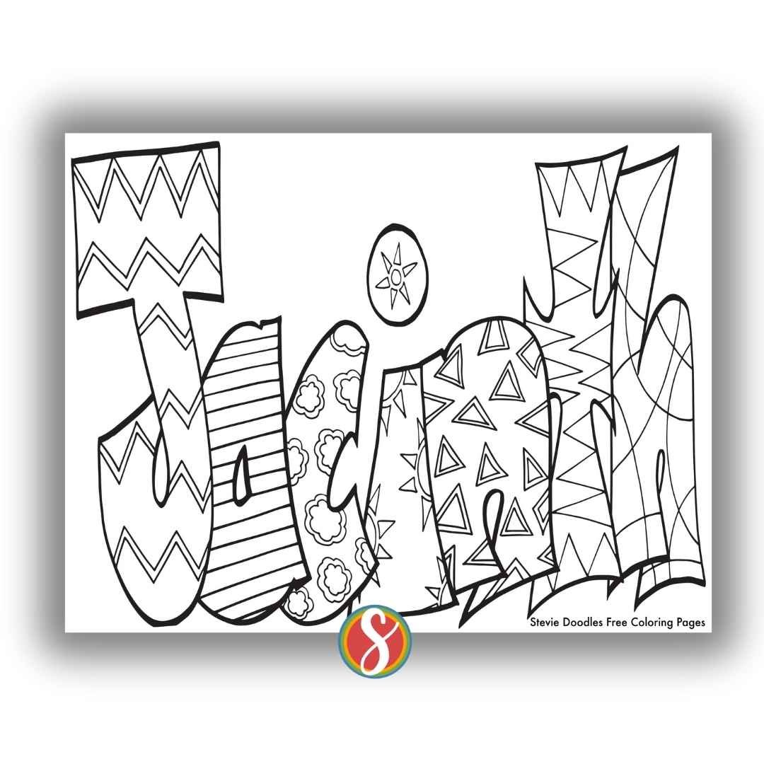 bubble letters "Jacinth" with doodles inside to color