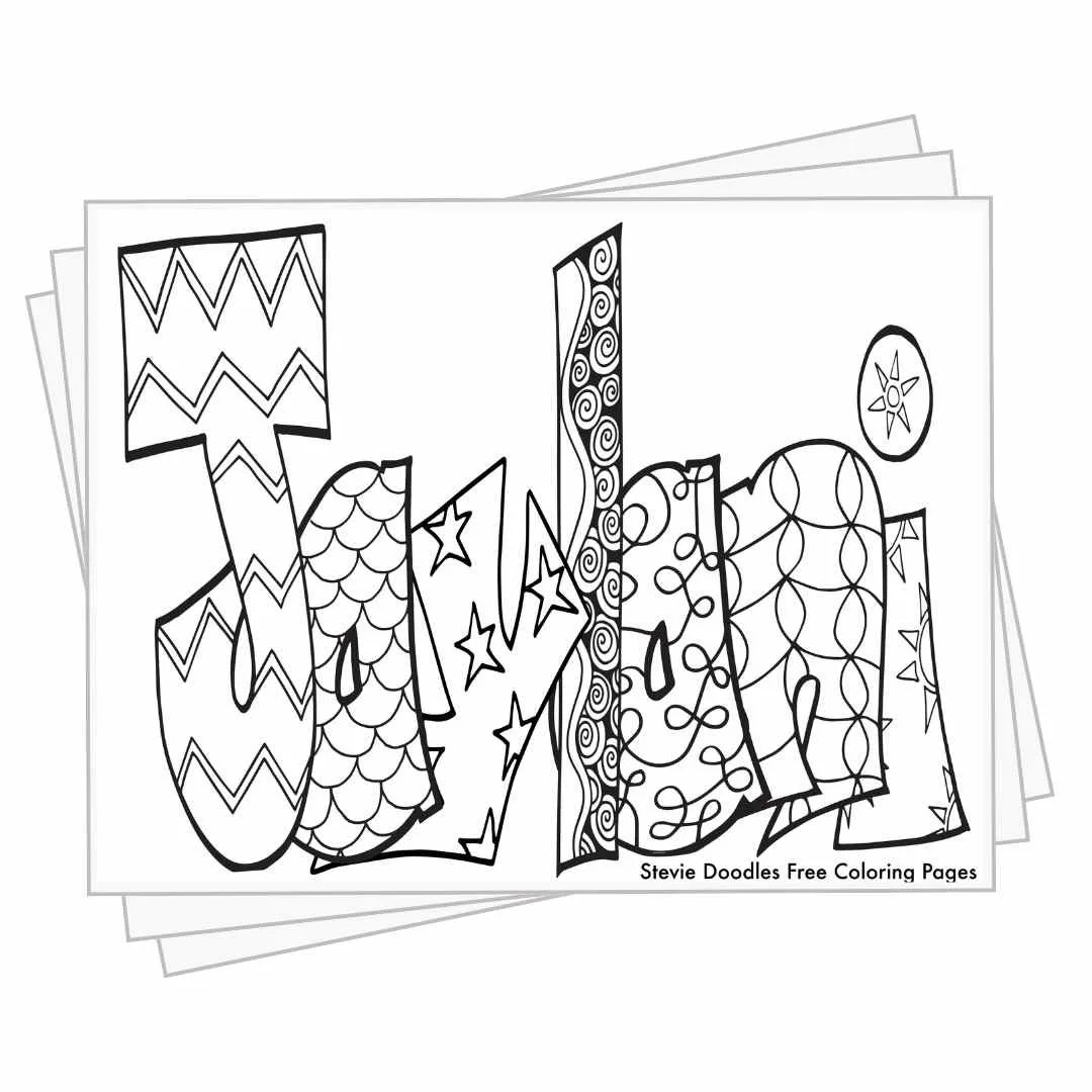 bubble letters "Jaylani" with doodles inside to color