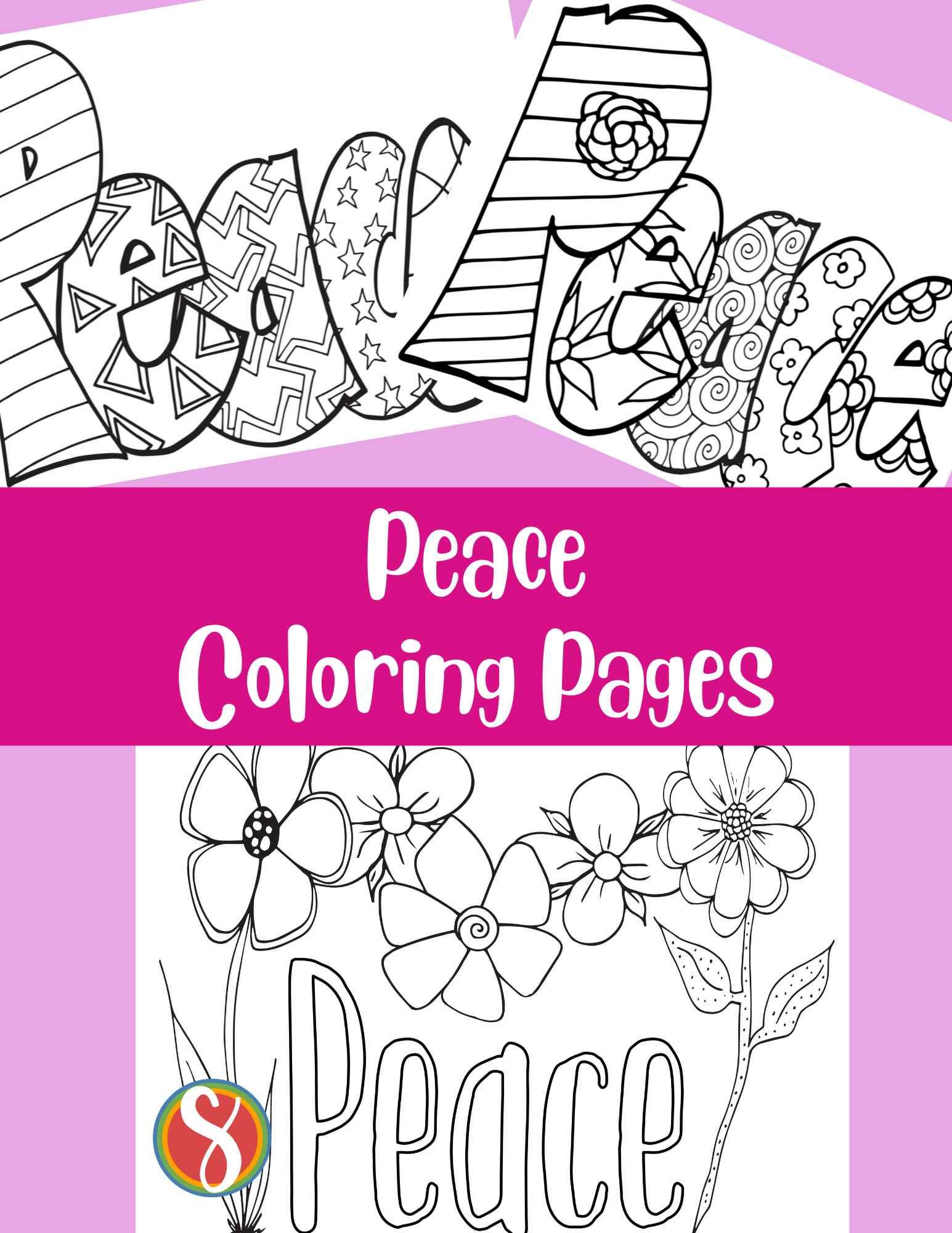 collage of peace coloring pages on a lilac background