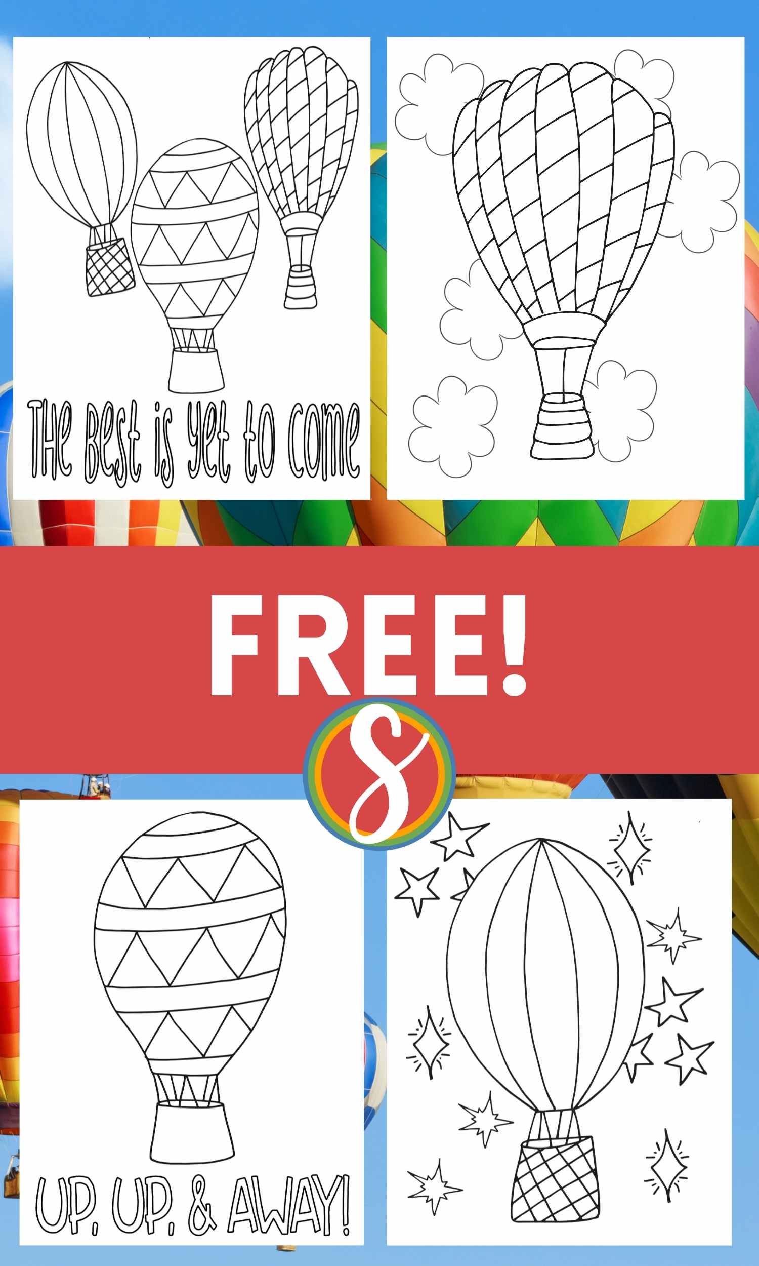 collage of 4 hot air balloon coloring pages on an image of real hot air balloons