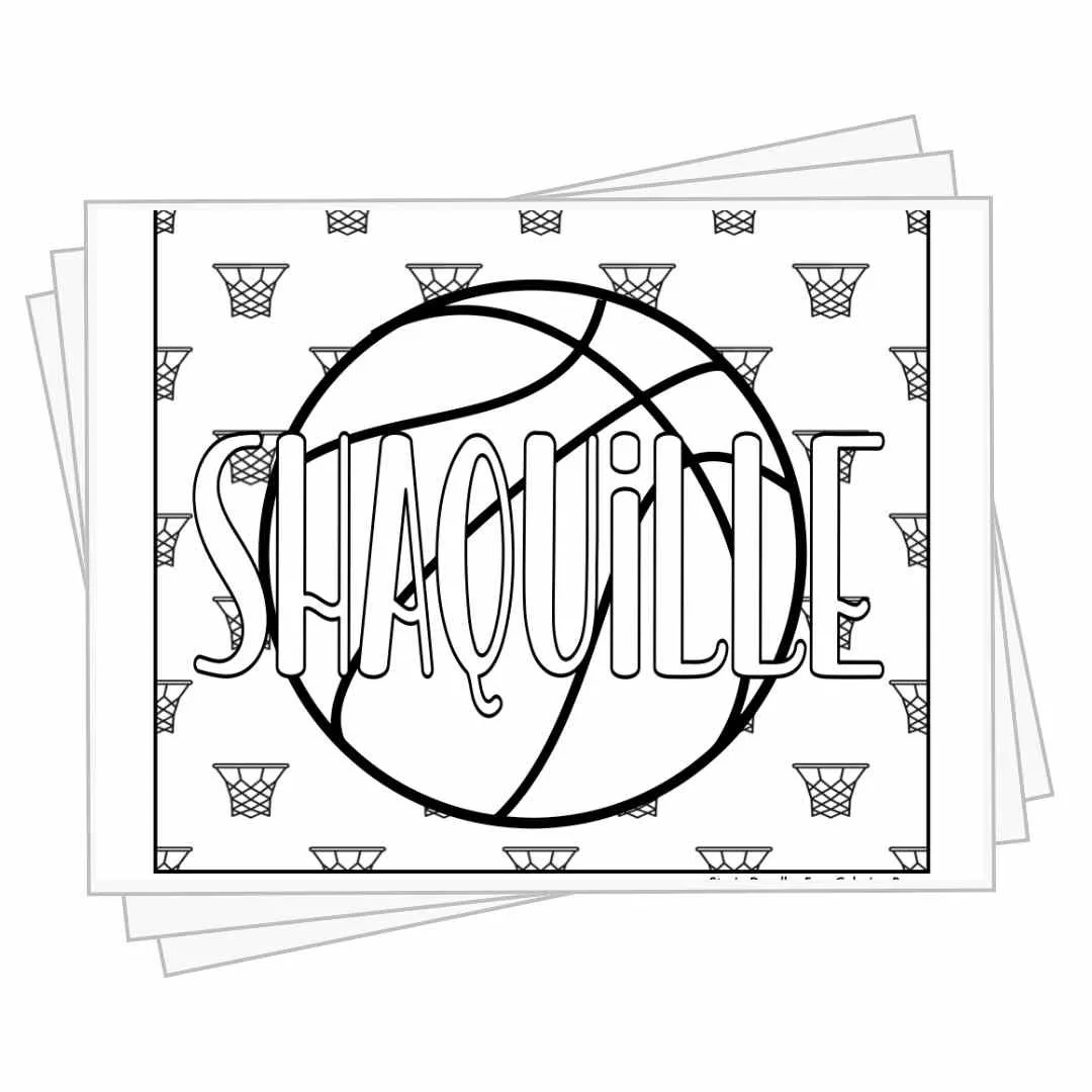 bubble letters "Shaquille" in front of basketball elements to color