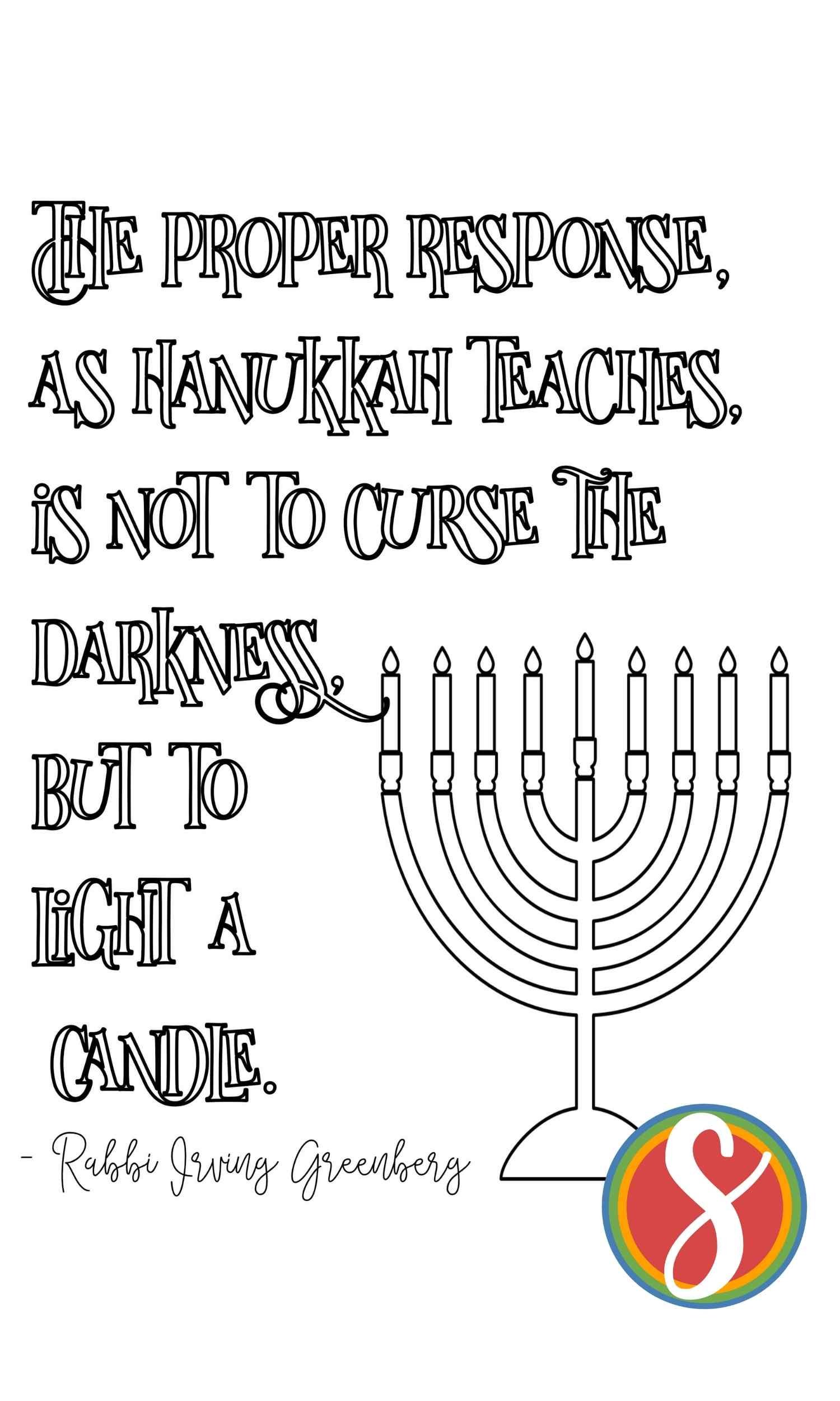 Hanukkah coloring page with quote and menorah