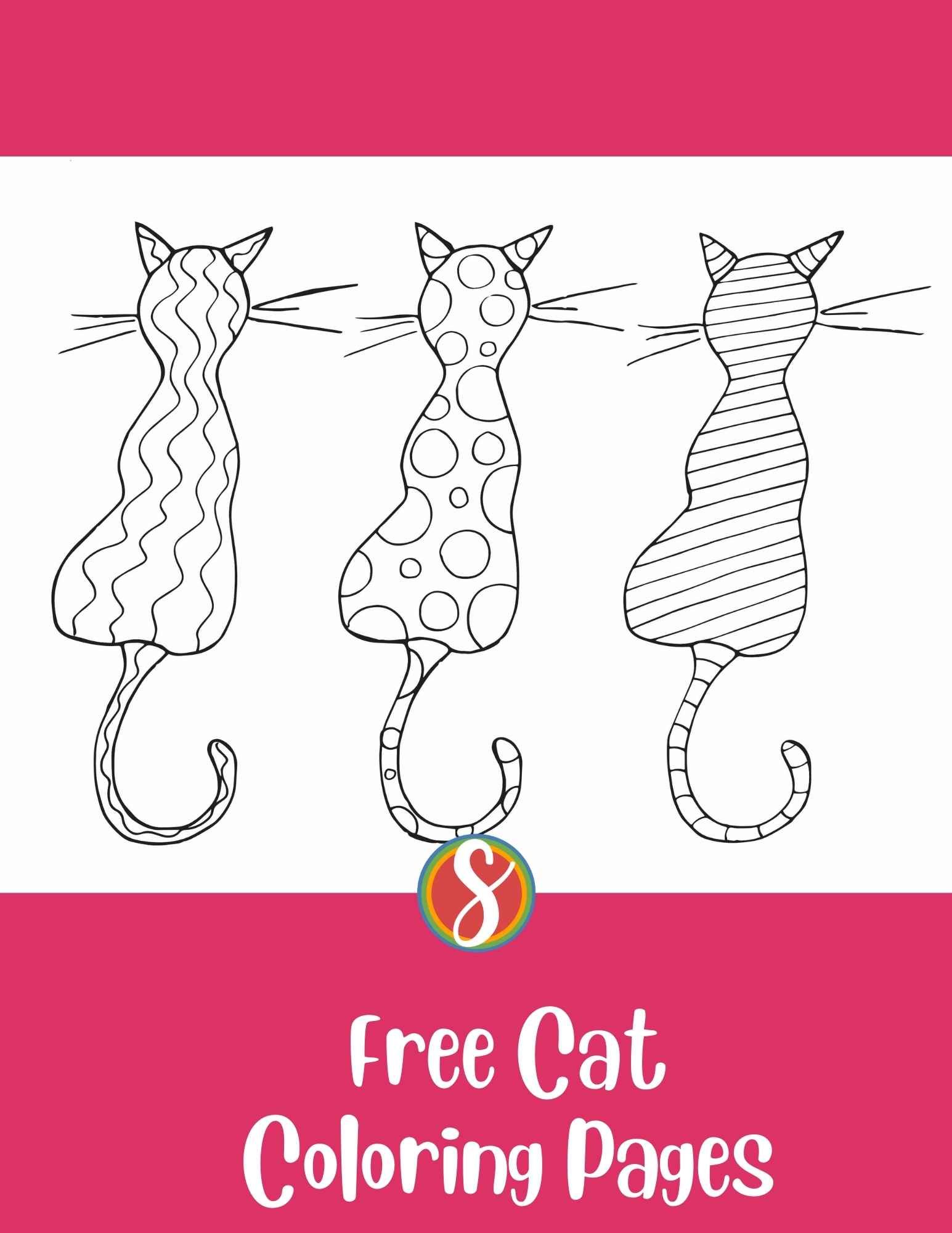 cat coloring page with 3 cat outines filled with simple doodles to color