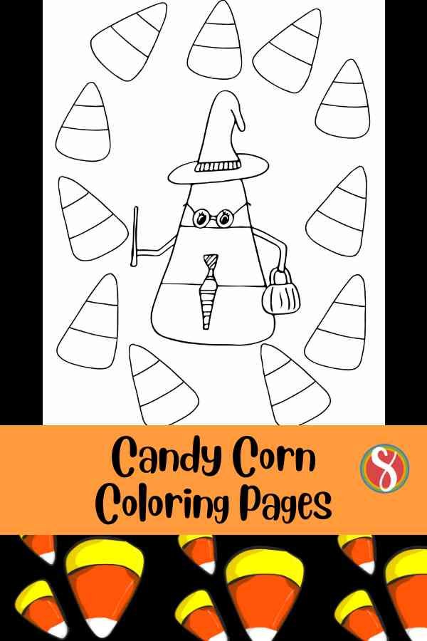 candy corn coloring page, one large candy dressed like a wizard surrounded by little candy corns