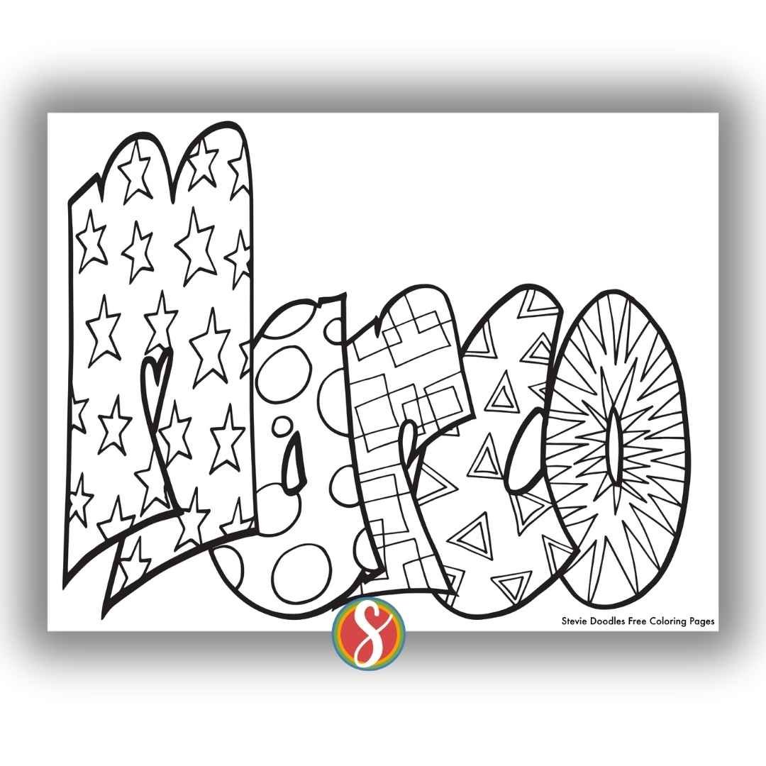 bubble letters "Marco" with doodles inside to color