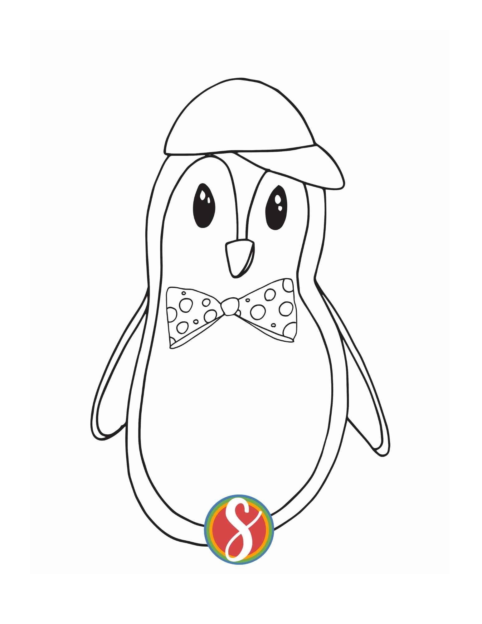 a simple cute penguin image coloring page. The penguin is wearing a colorable bowtie and hat.