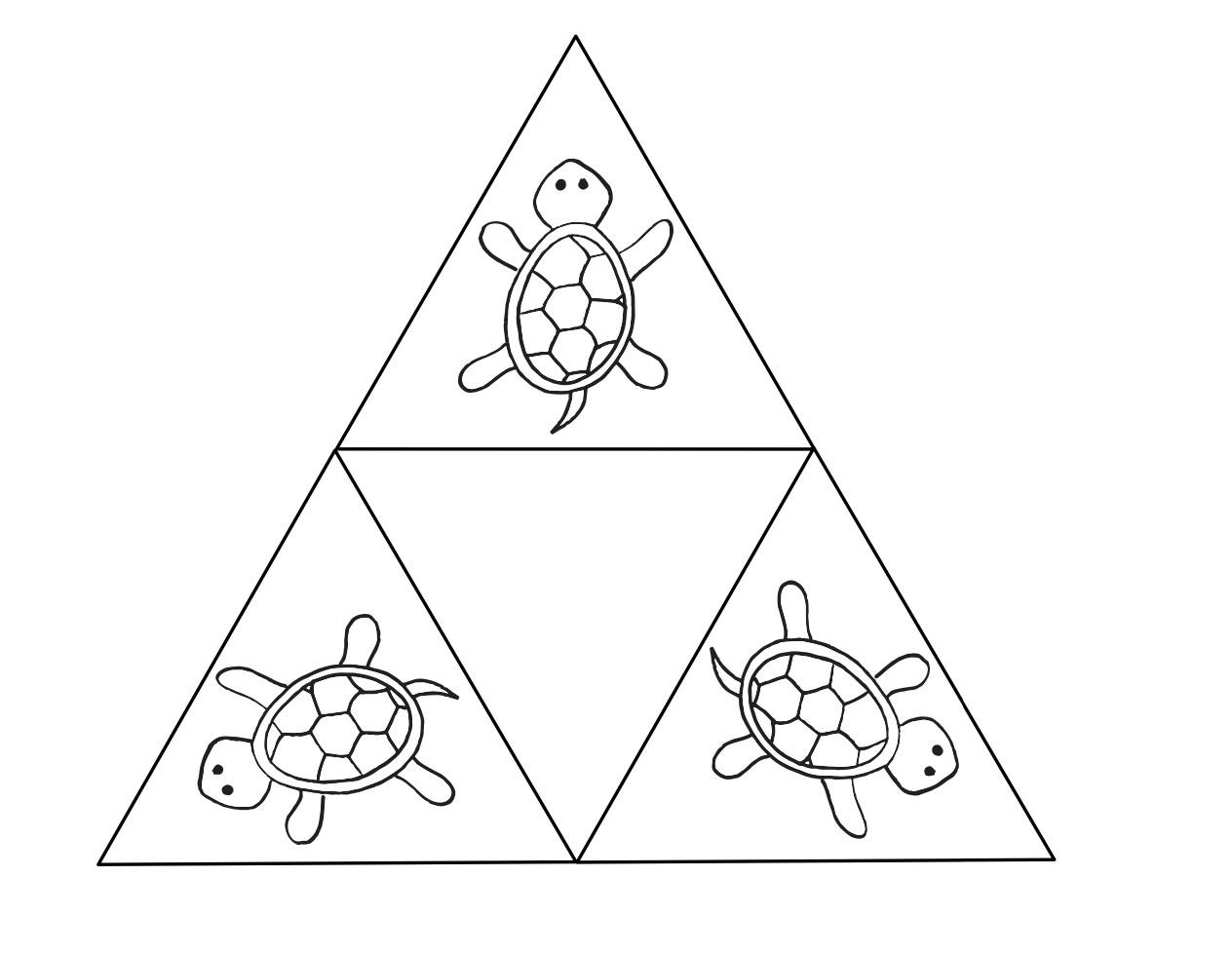 4 triangles make up a single triangle with a blank triangle in the middle and little colorable turtles in the other corners - a turtle tetrahedron coloring page