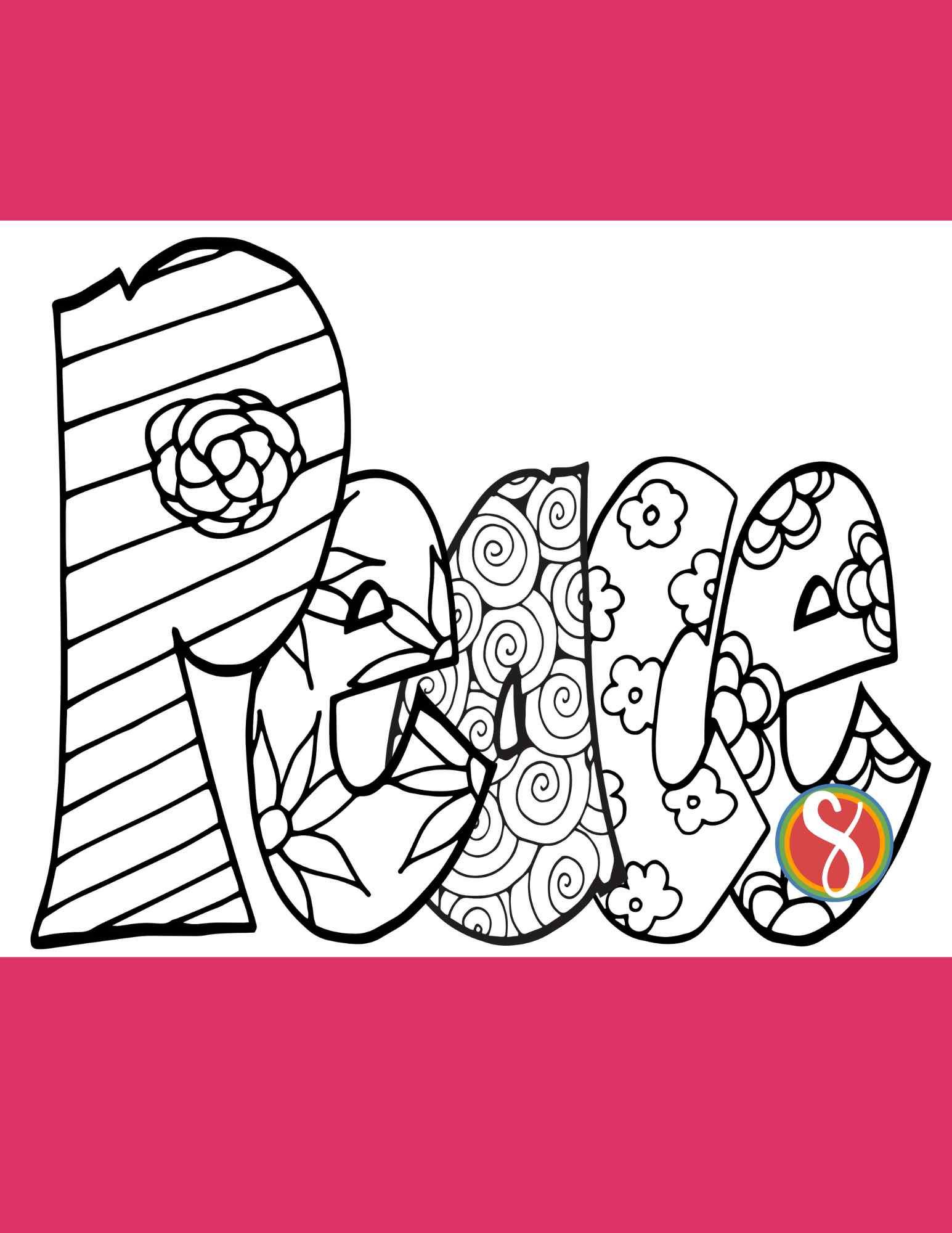 peace coloring page with bubble letters full of flowers to color