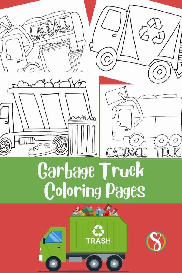 a collage of garbage truck coloring pages and a colored garbage truck clip art