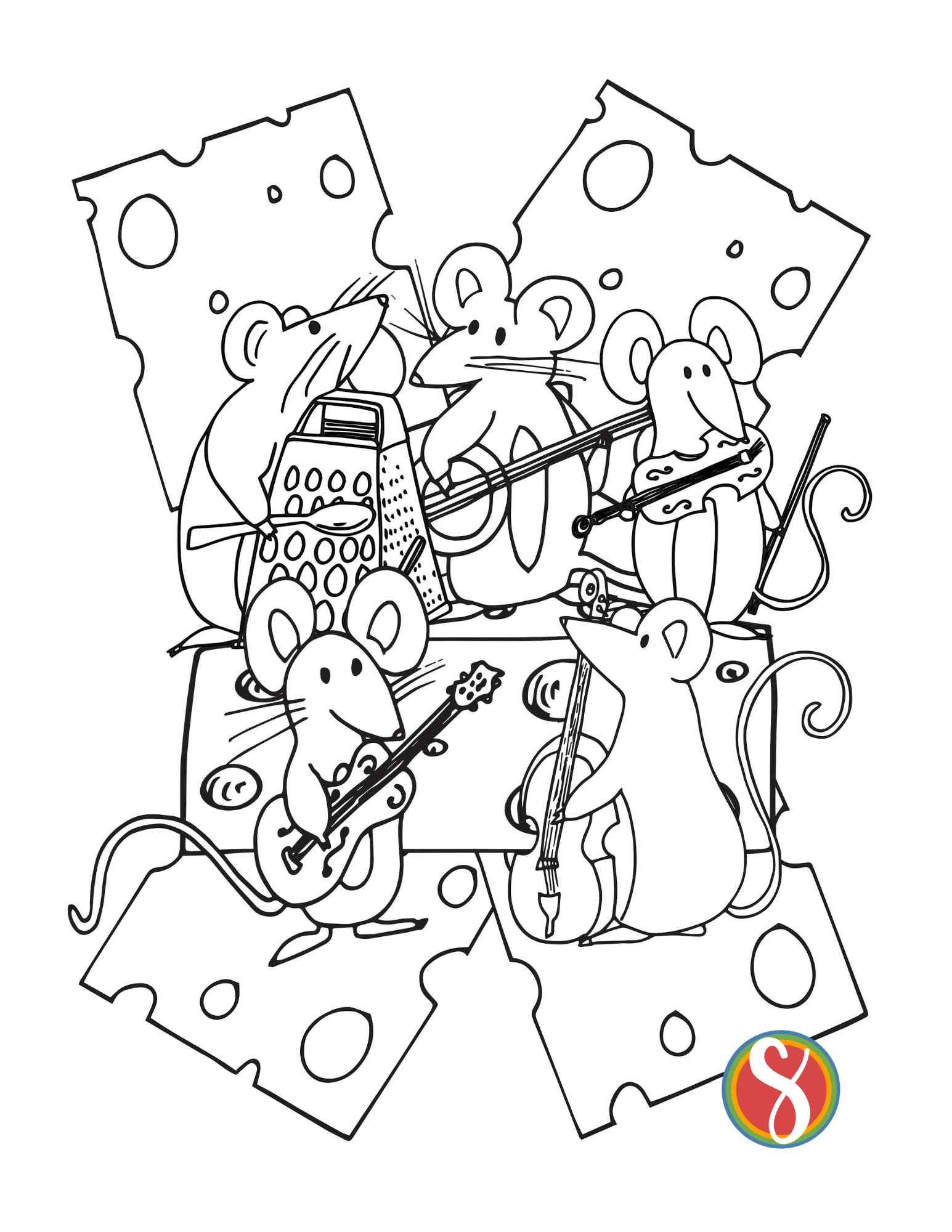blue grass band of mice coloring page, slices of swiss cheese in the background