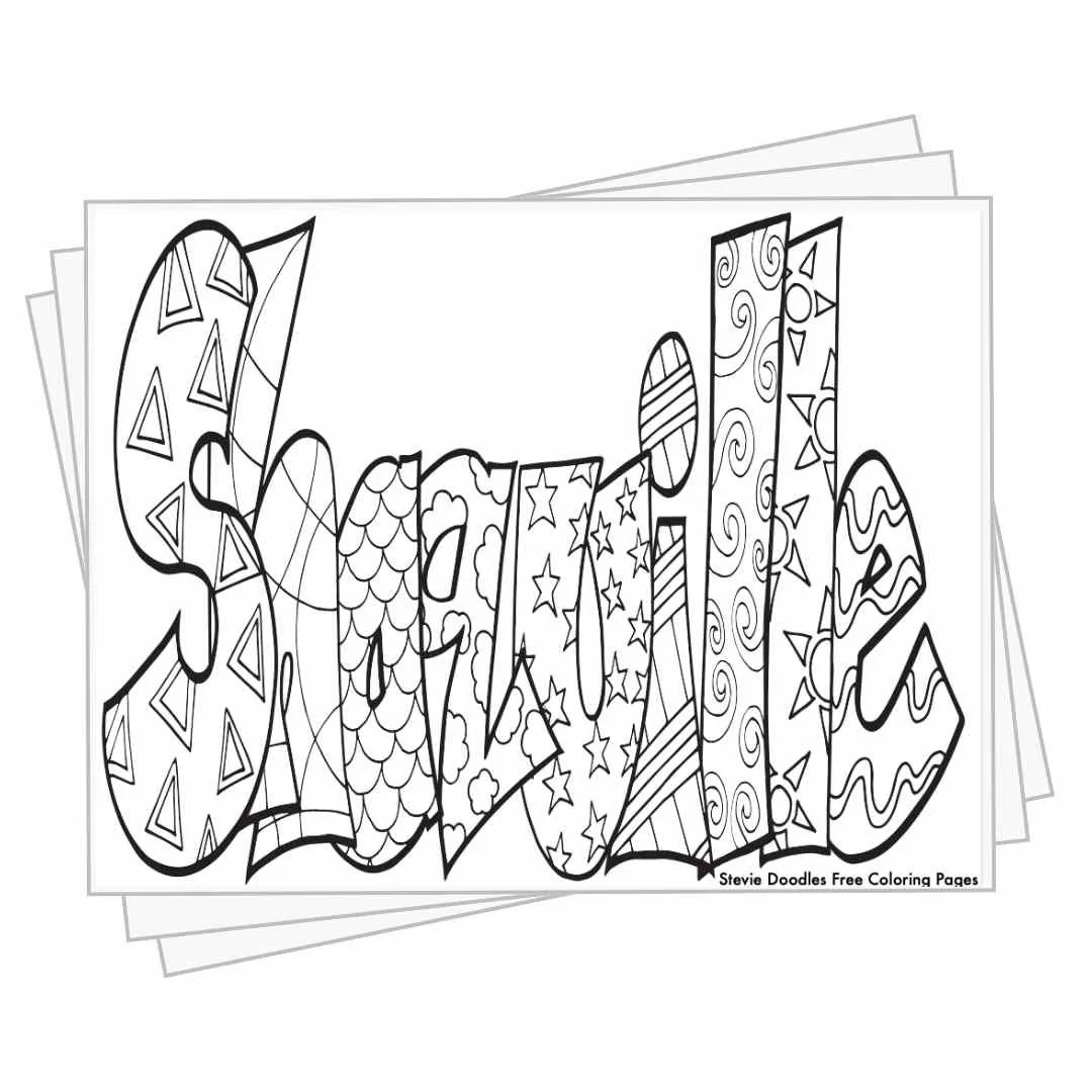bubble letters "Shaquille" with doodles inside to color