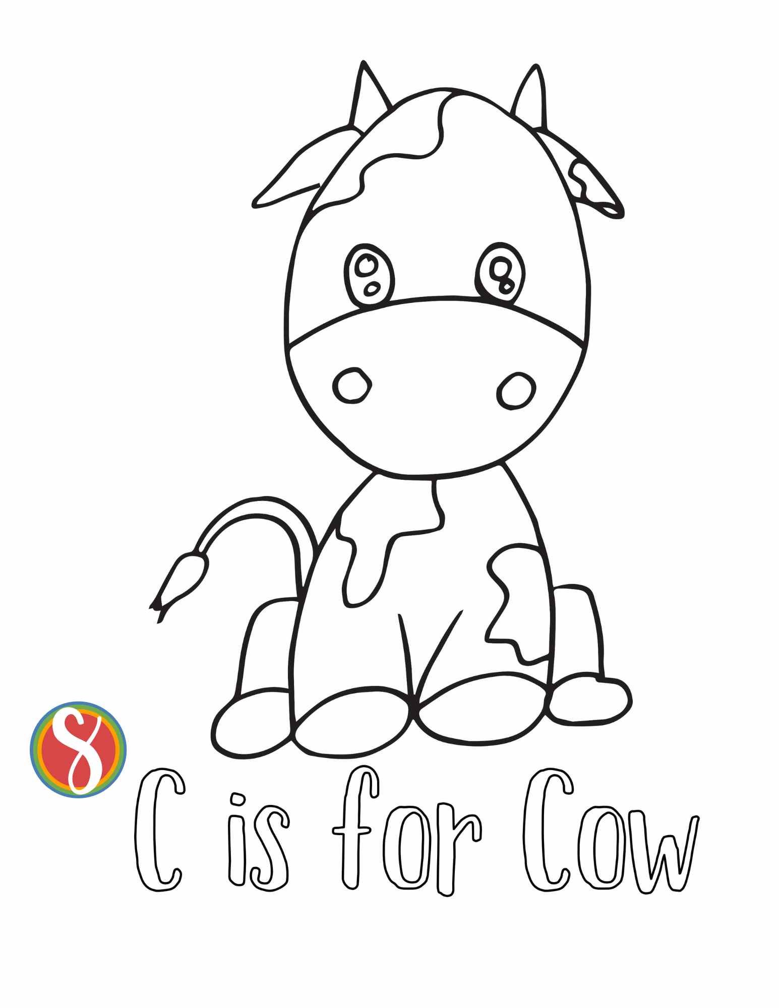 A simple baby cow outline with spots and horns, black and white for coloring, with the colorable words "c is for cow" underneath