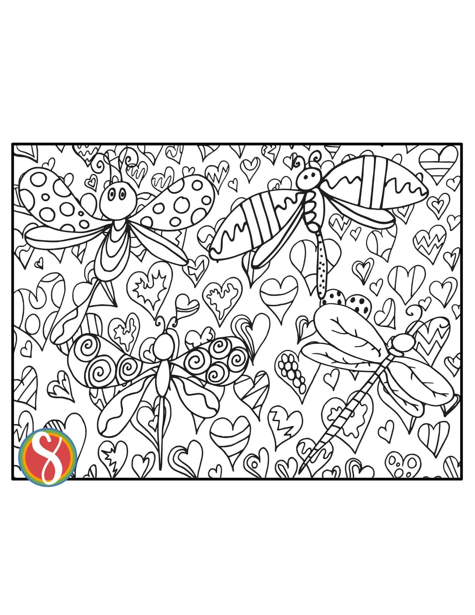 4 dragonflies with doodles on this dragonfly coloring page with heart background