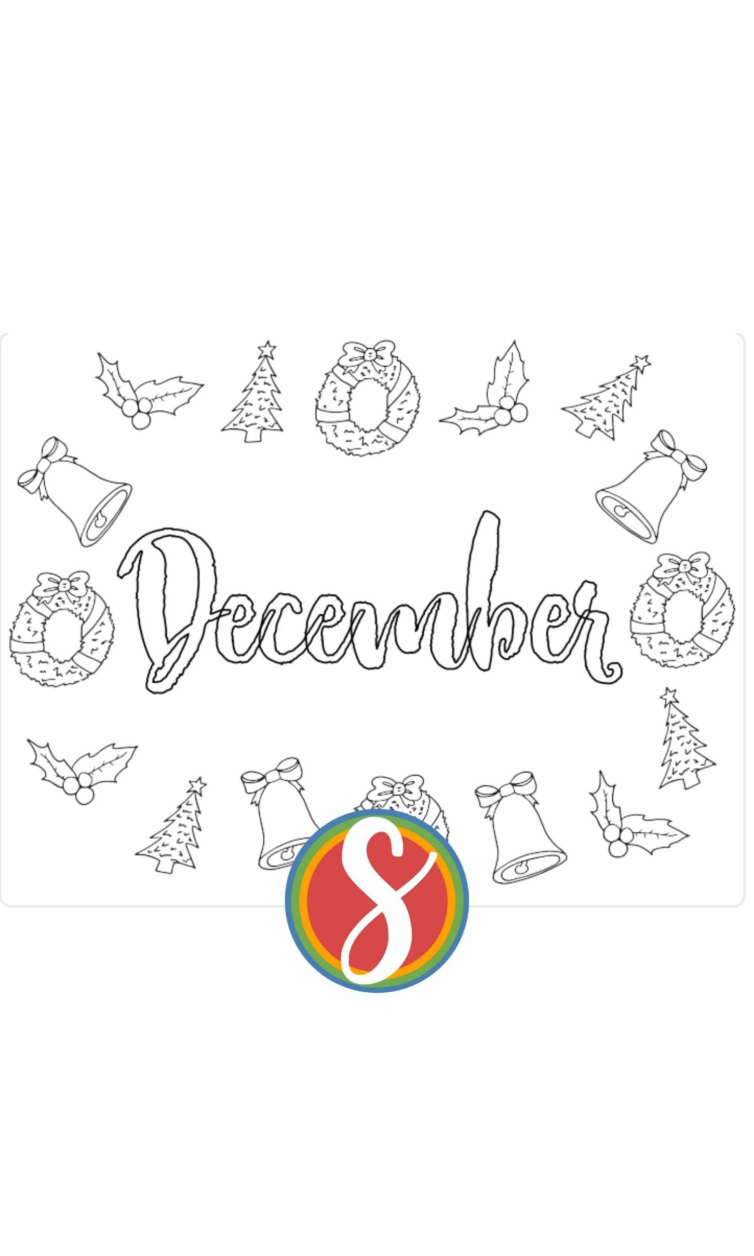 colorable word "December" with christmas items all around to color