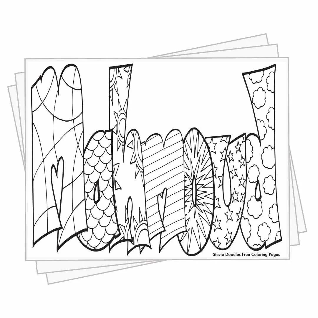 bubble letters "Mahmoud" with doodles inside to color