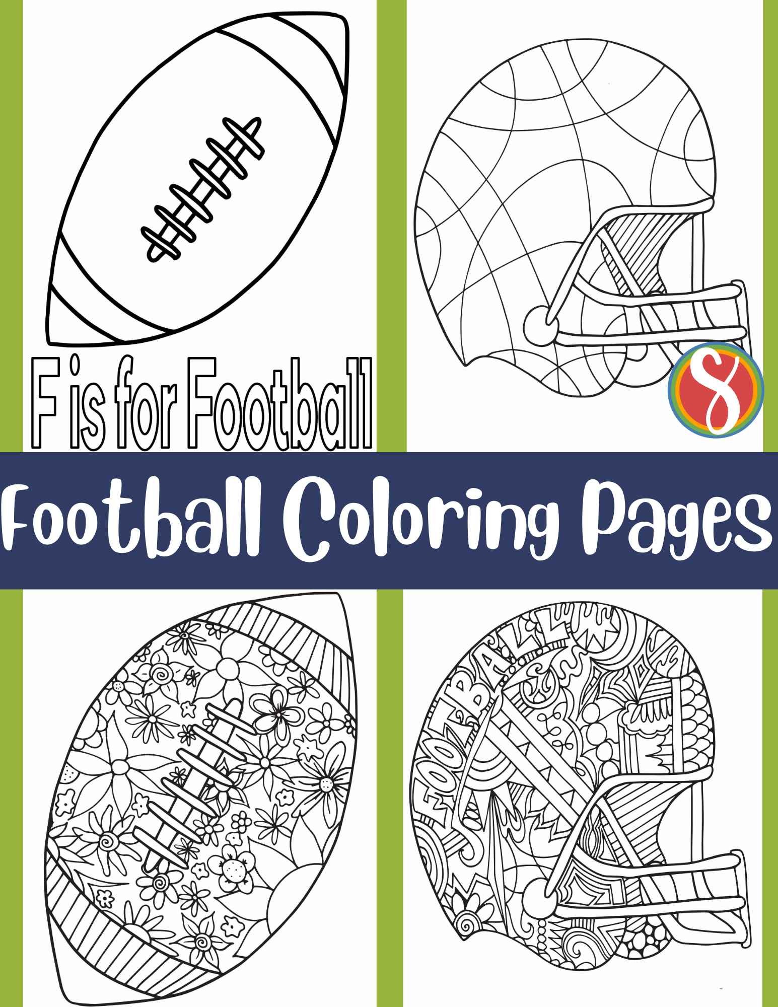 collage of football and football helmet coloring pages for boys