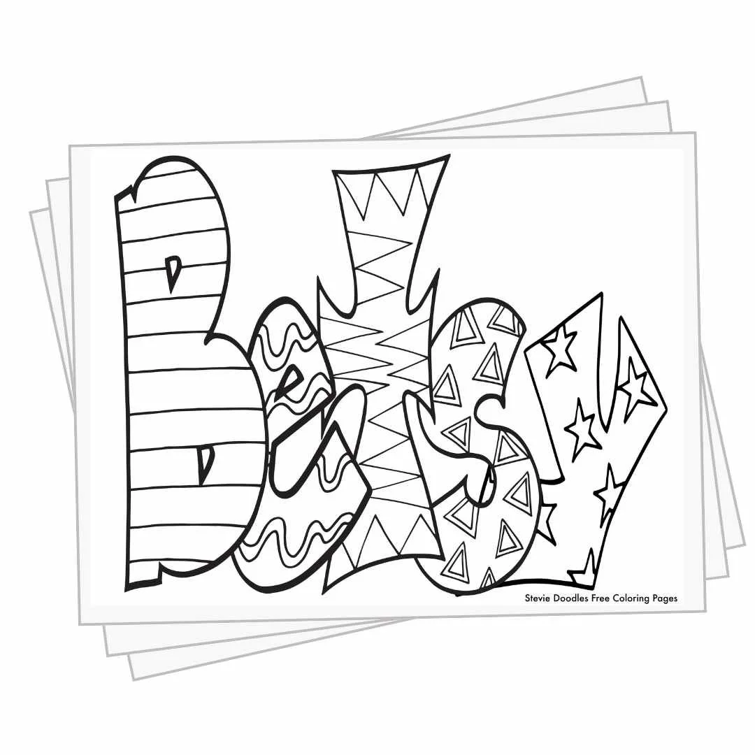 bubble letters "Betsy" with doodles inside to color