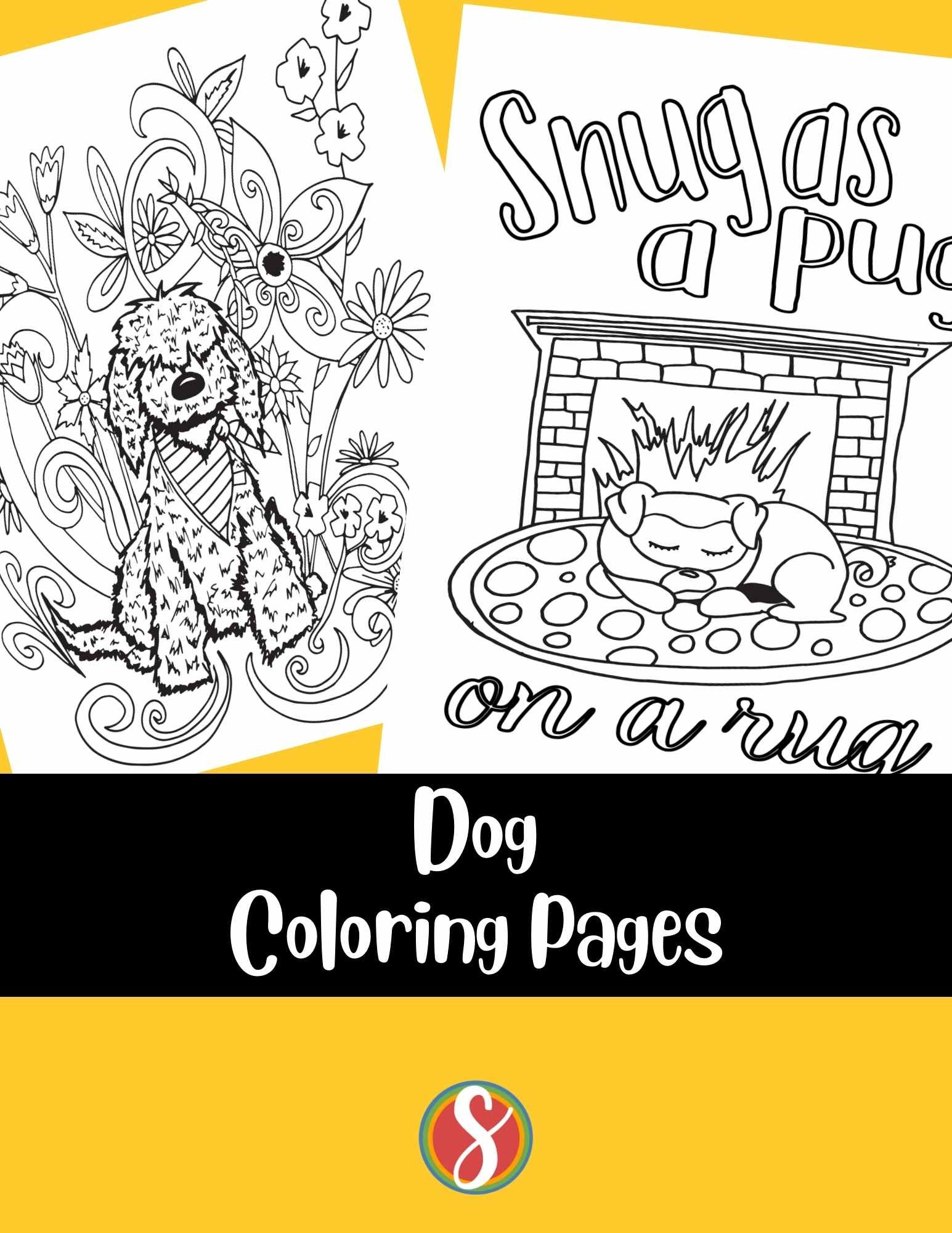2 dog coloring pages on a yellow background