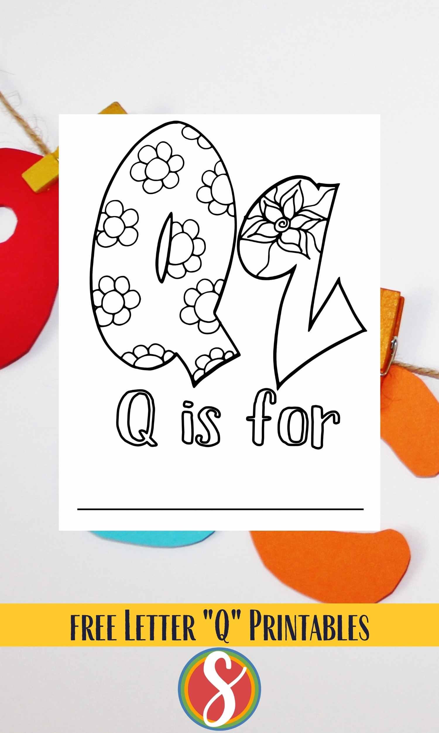 Bubble letters "Qq" with flowers inside to color