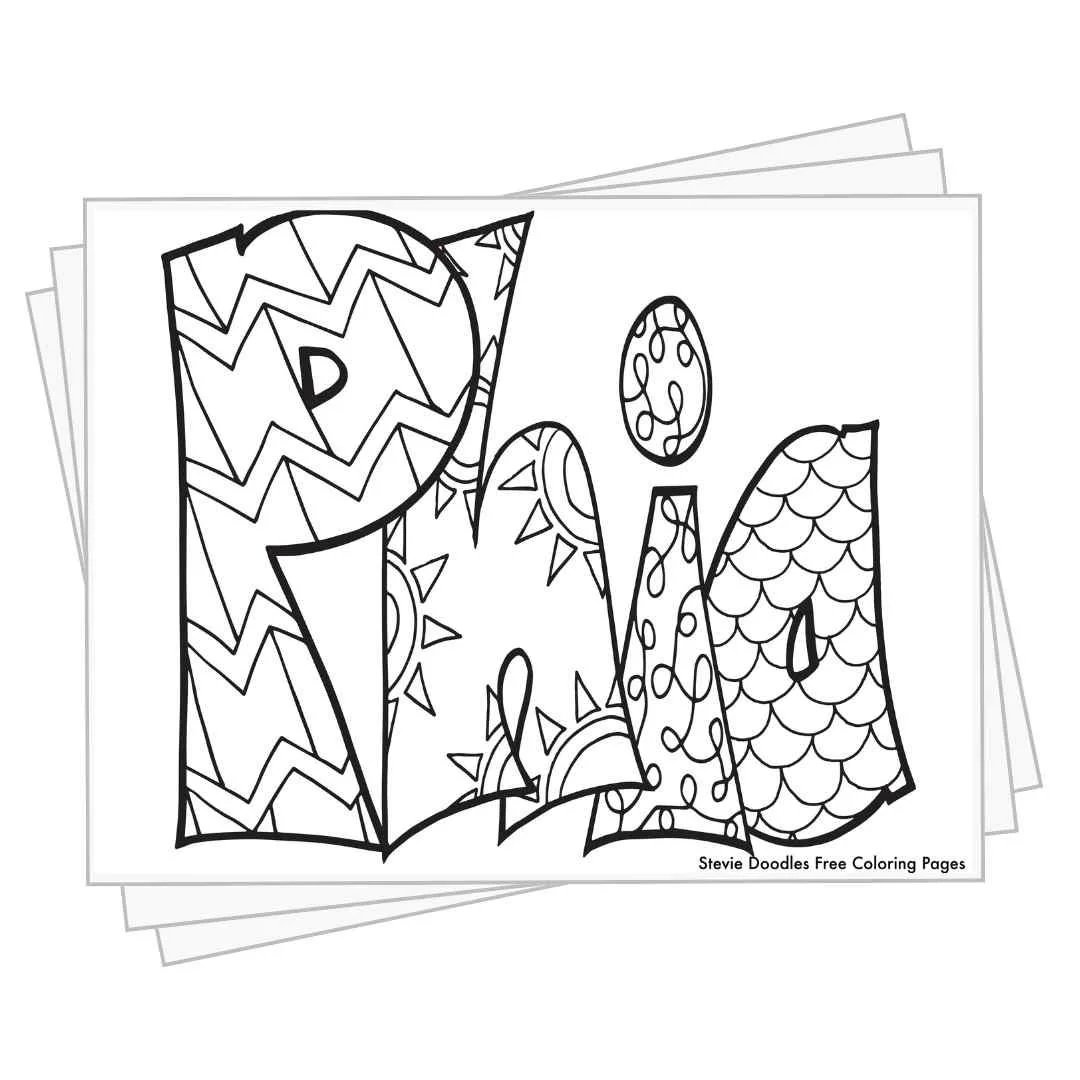 bubble letters "Phia" with doodles inside to color