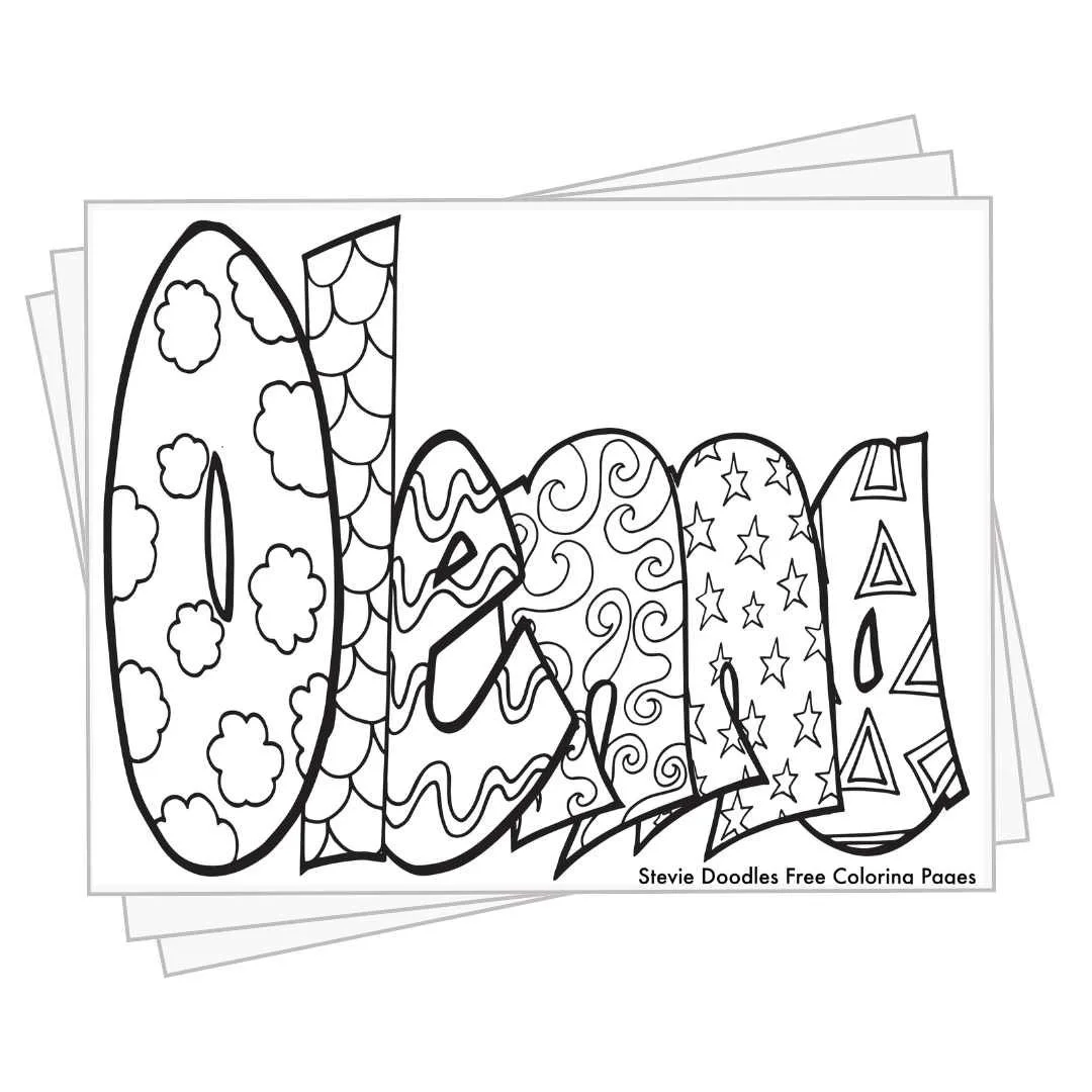 bubble letters "Olenna" with doodles inside to color