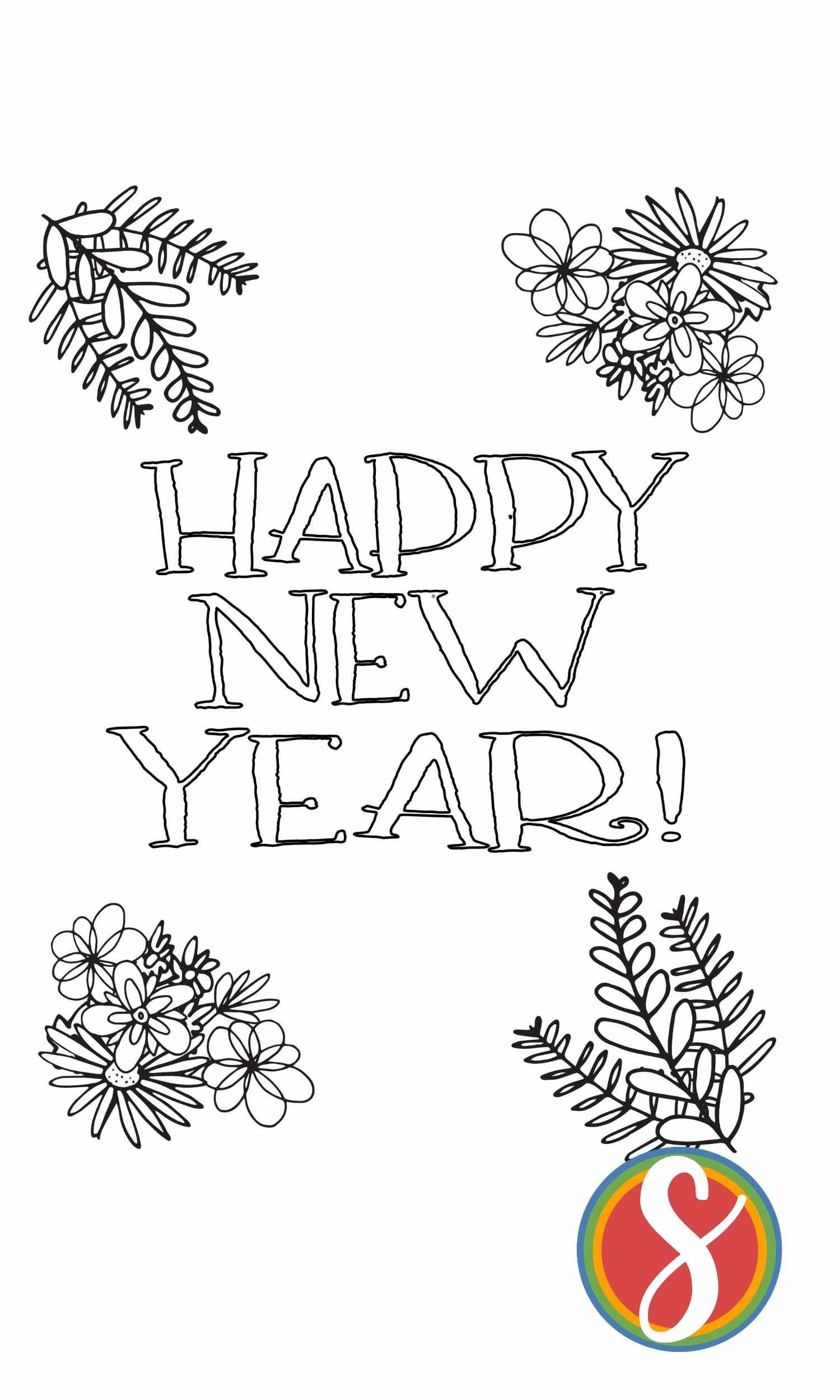 small bunch of colorable flowers in each corner, colorable text "Happy New Year" in the center