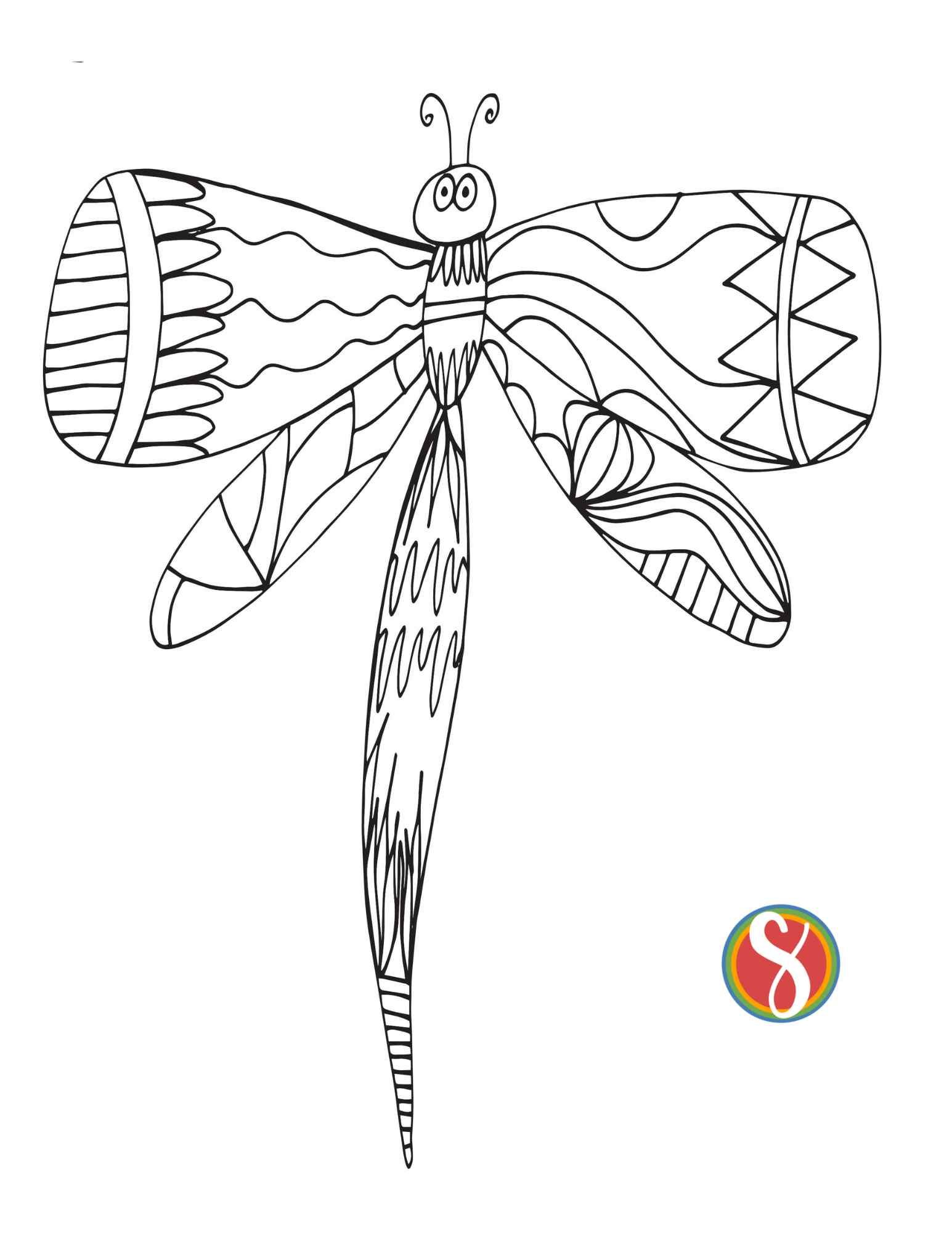 a single dragonfly coloring page, horizontal dragonfly with line art in the body to color