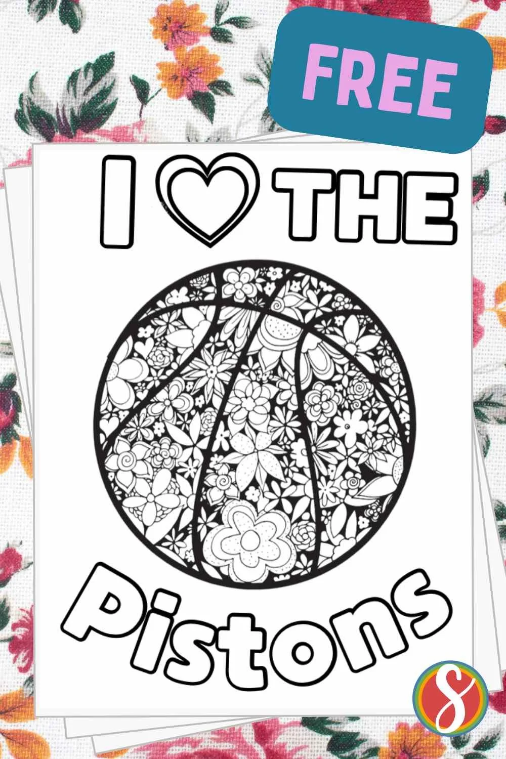 colorable basketball with flowers and colorable text "I love the pistons"