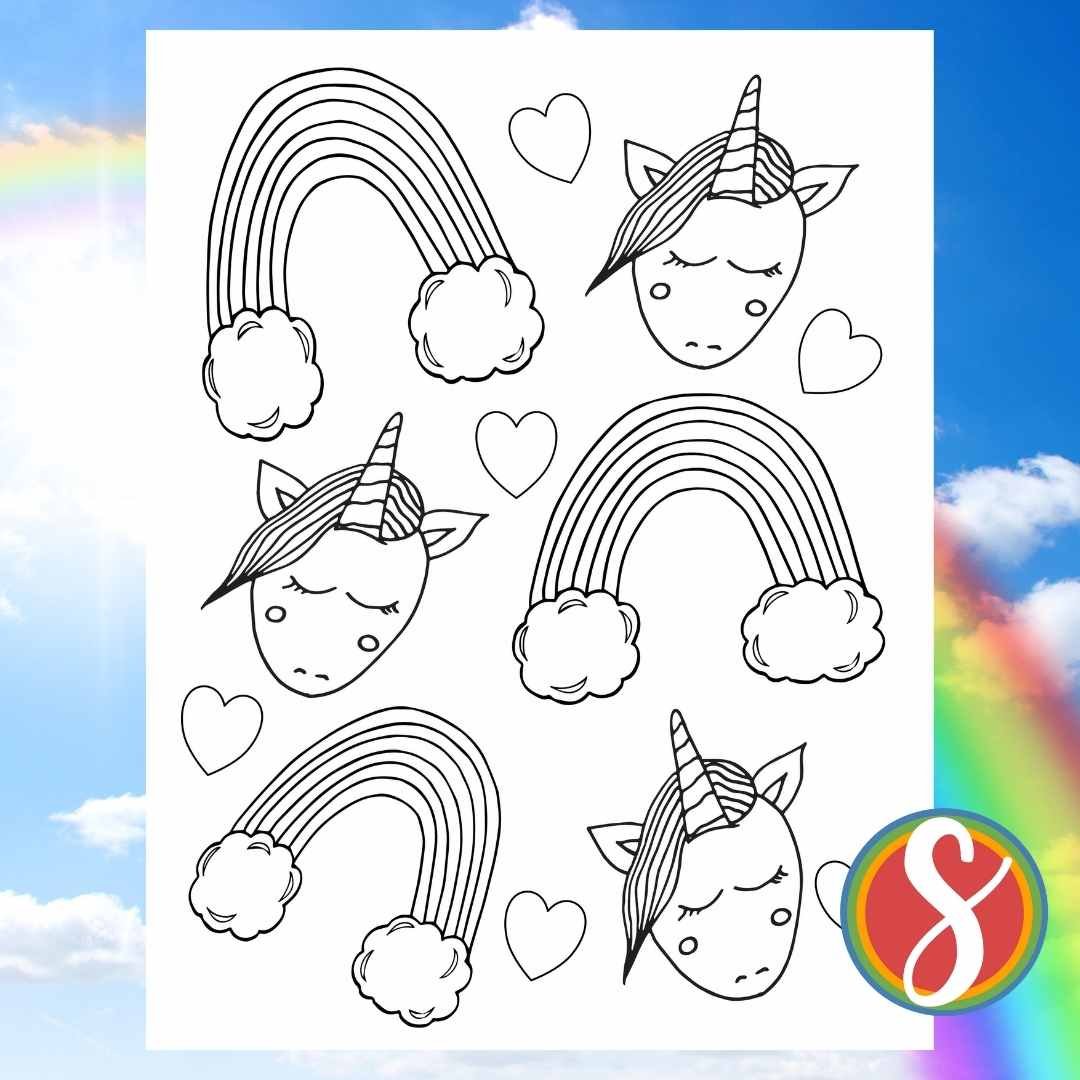 rainbows hearts and unicorn heads on a coloring page