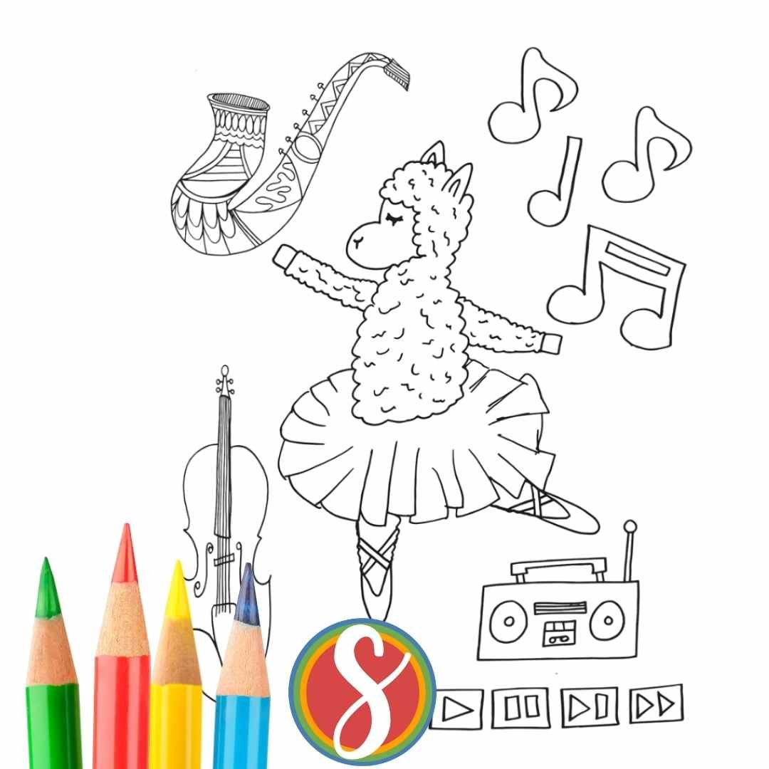 Ballerina Llama drawing with a boom box, a saxophone and musical notes on this llama coloring page