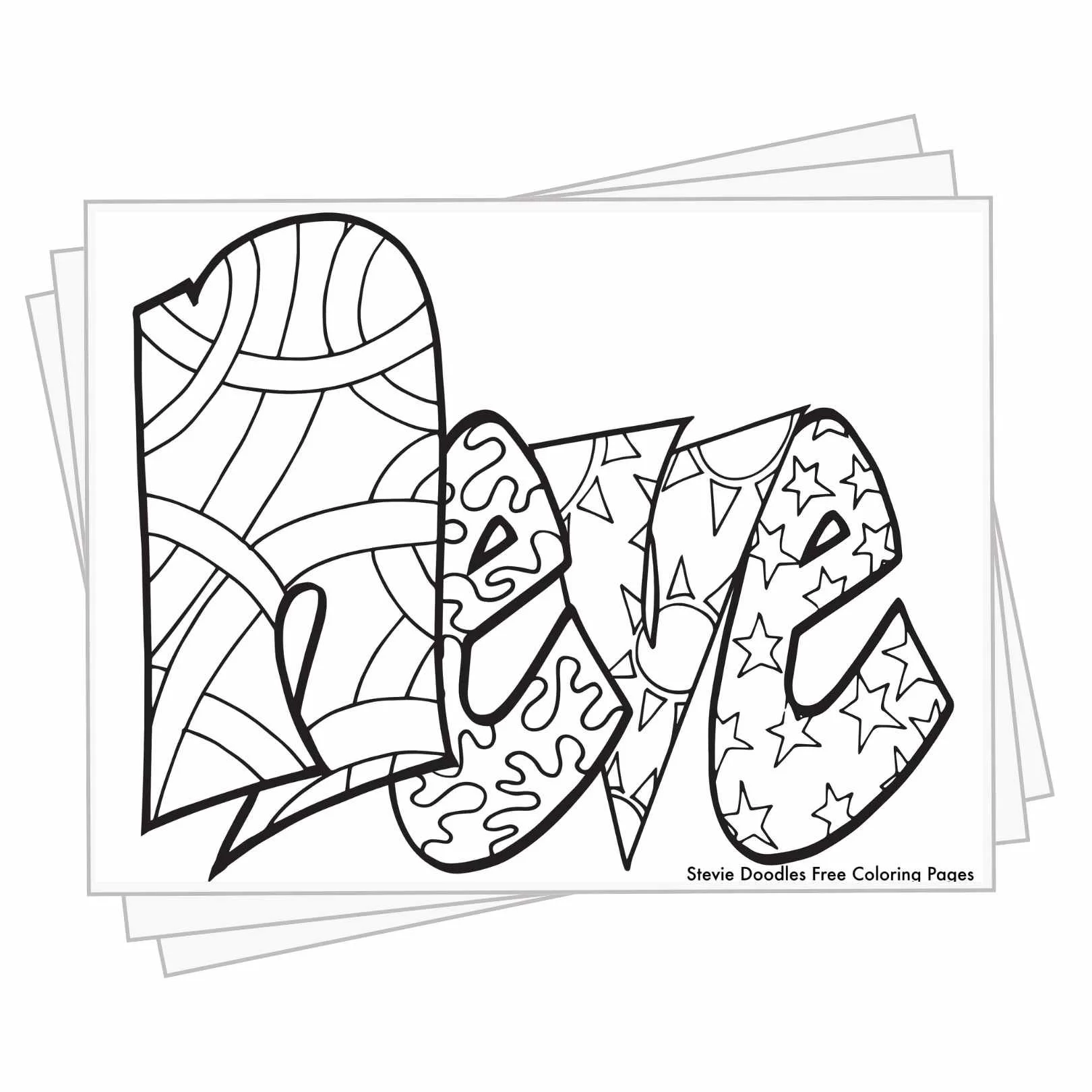 bubble letters "Neve" with doodles inside to color