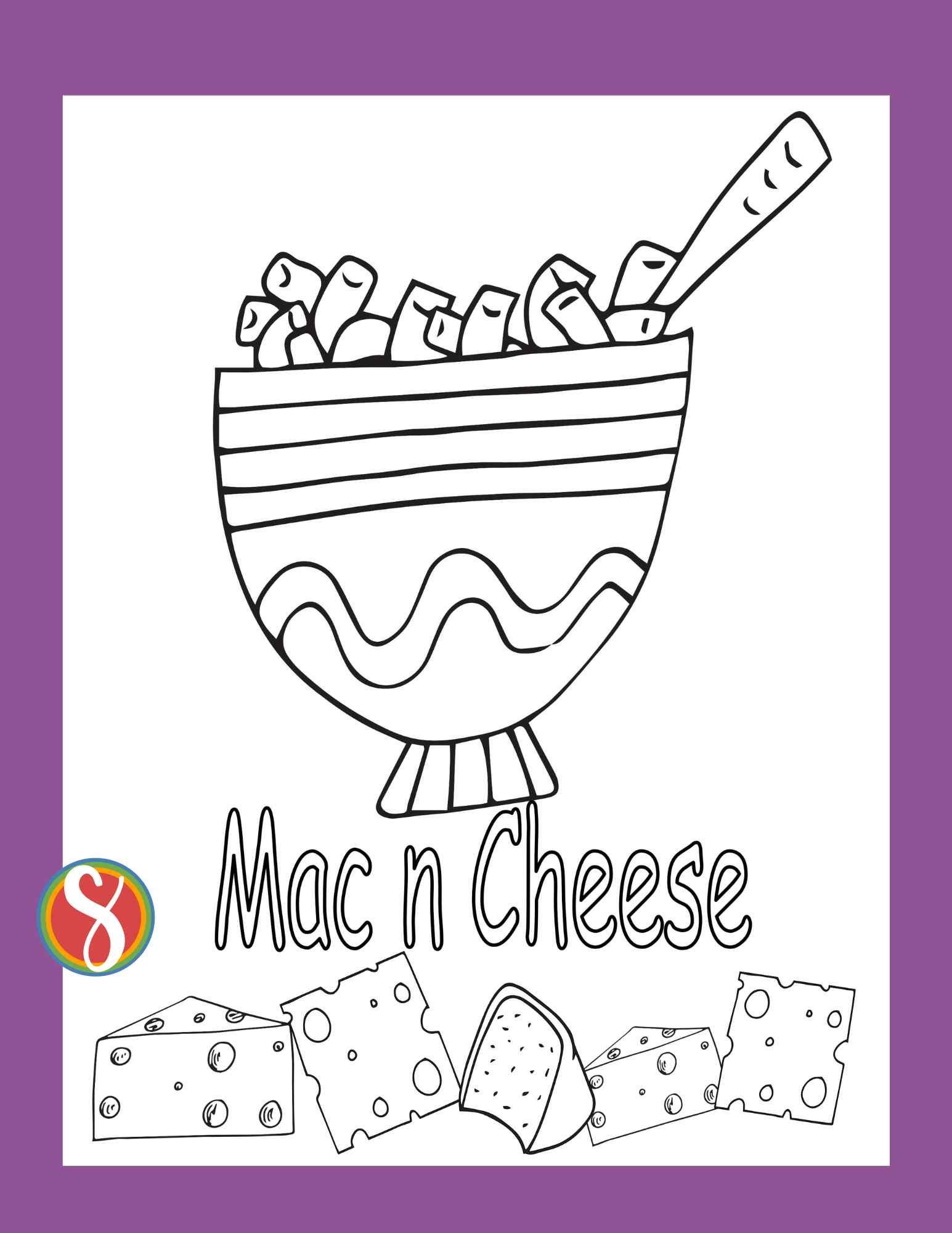 a colorable bowl of Macaroni, colorable words "Mac n Cheese" and a line of colorable cheese wedges and slices