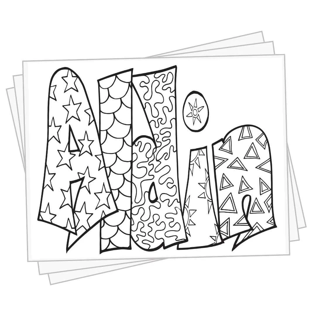 bubble letters "Aldin" with doodles inside to color