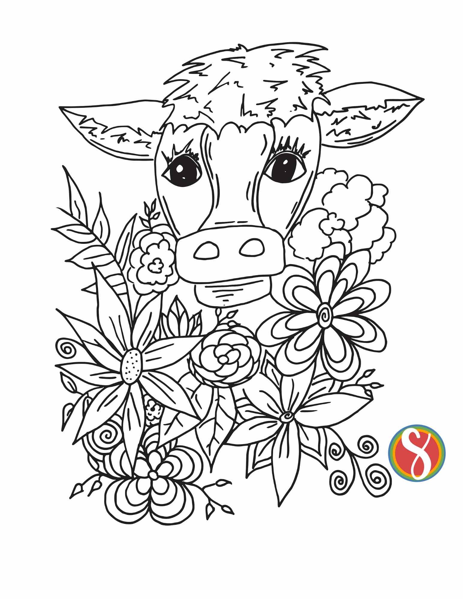 A pretty cow head with pointy ears and big eyes, a black and white outline surrounded by simple flowers, all images colorable