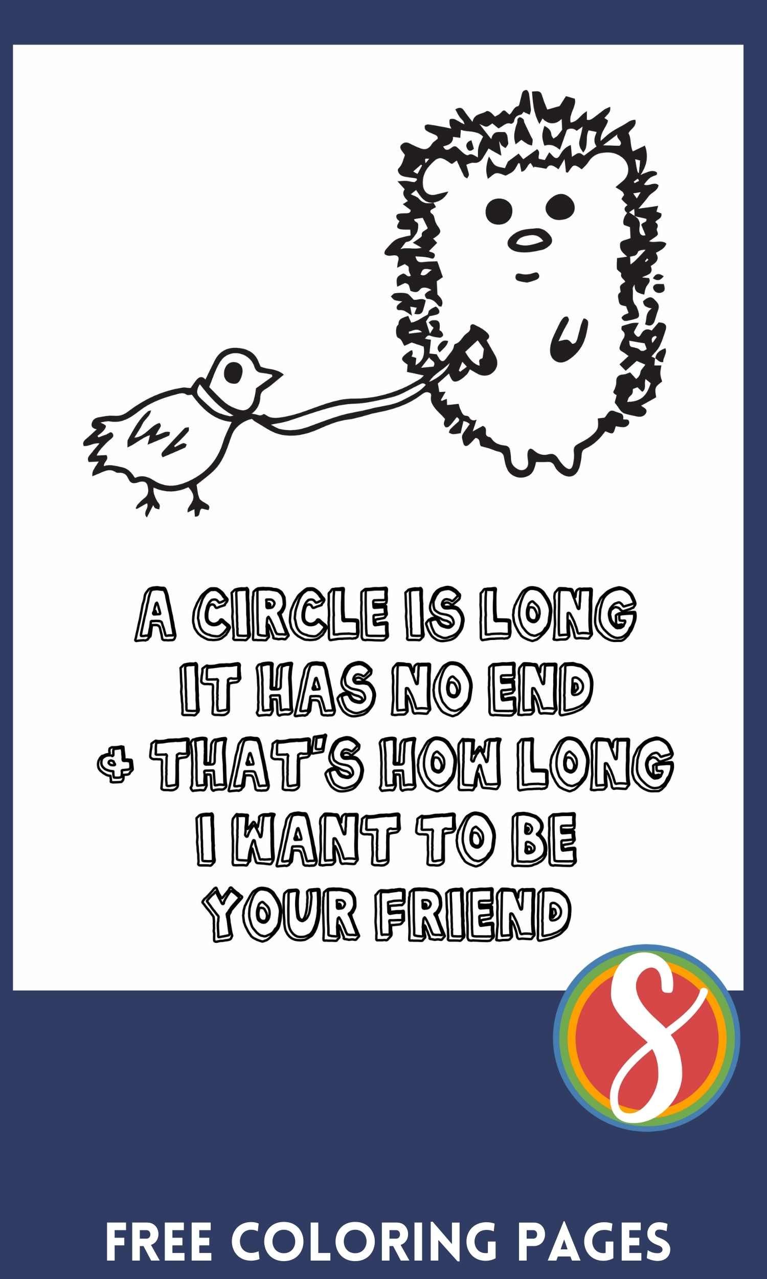 a hedgehog coloring page, small hedgehog walking a duck on a leash with friendship quote underneath