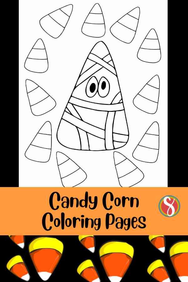 coloring page with candy corn dressed as mummy with big eyes