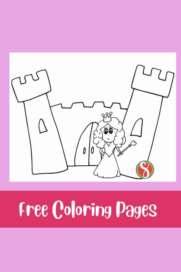 simple castle outline with simple princess in front to color
