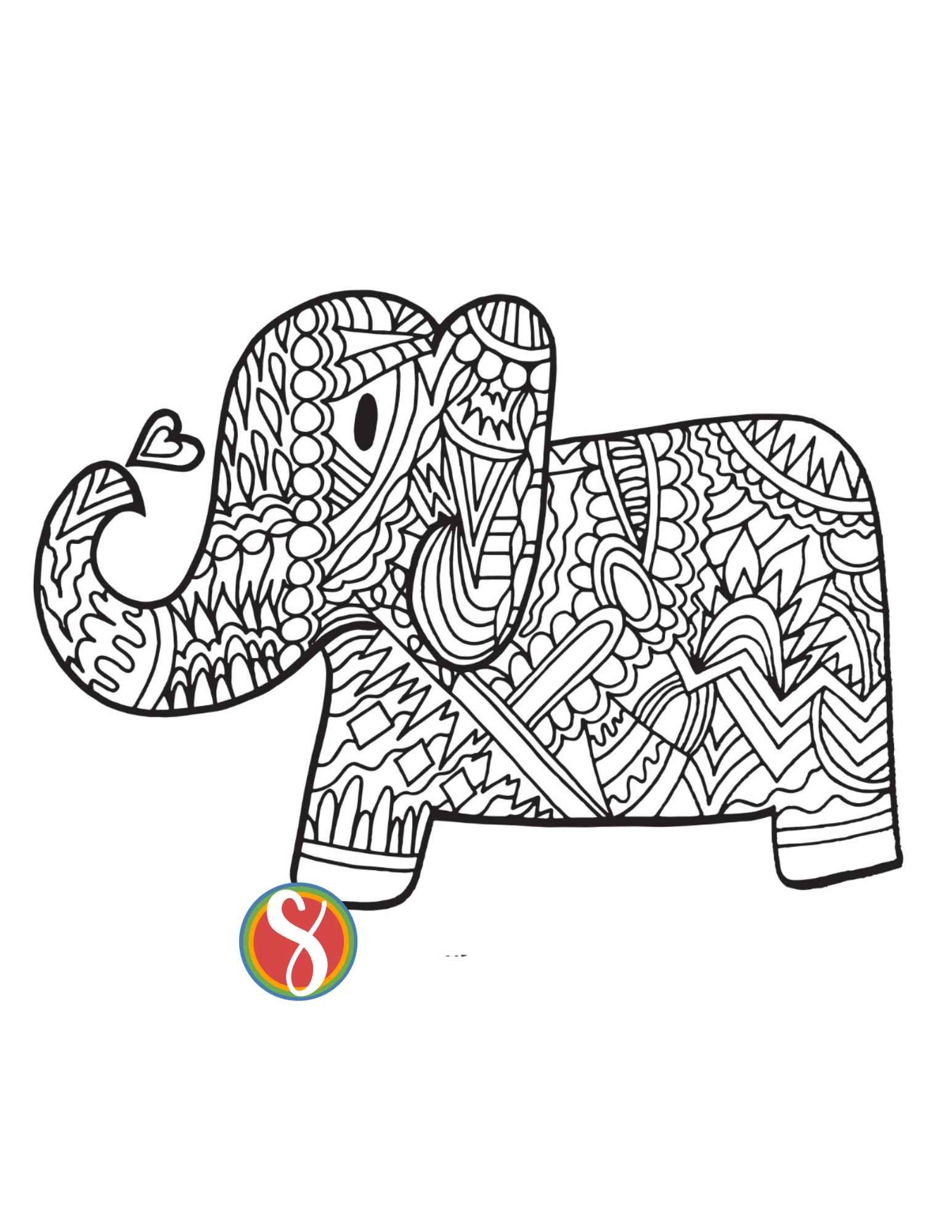 profile of a baby elephant coloring page, elephant full of doodles to color