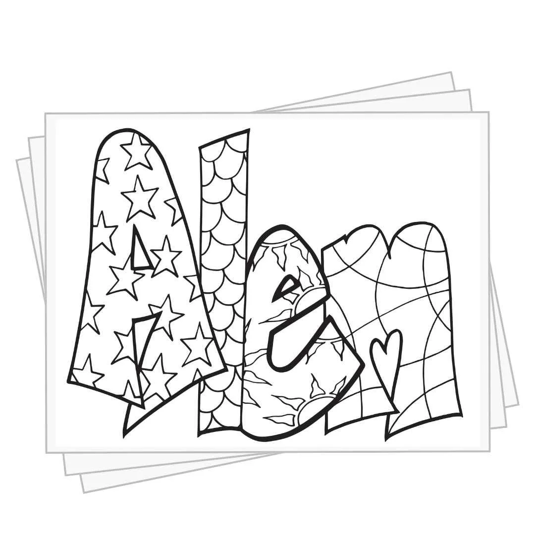 bubble letters "Alem" with doodles inside to color