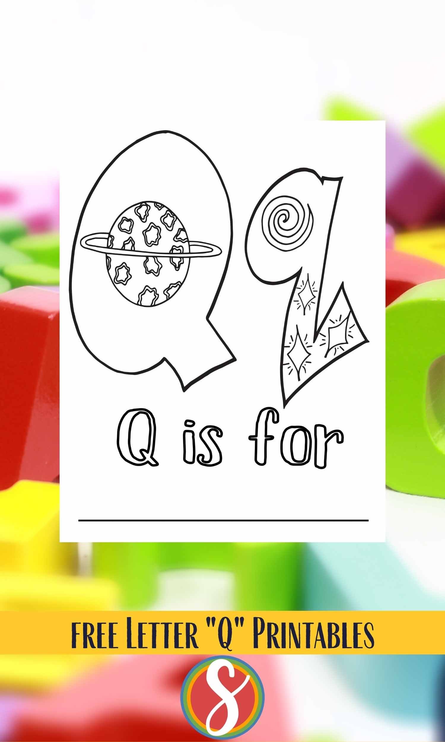 Bubble letters "Qq" with planets and stars inside to color