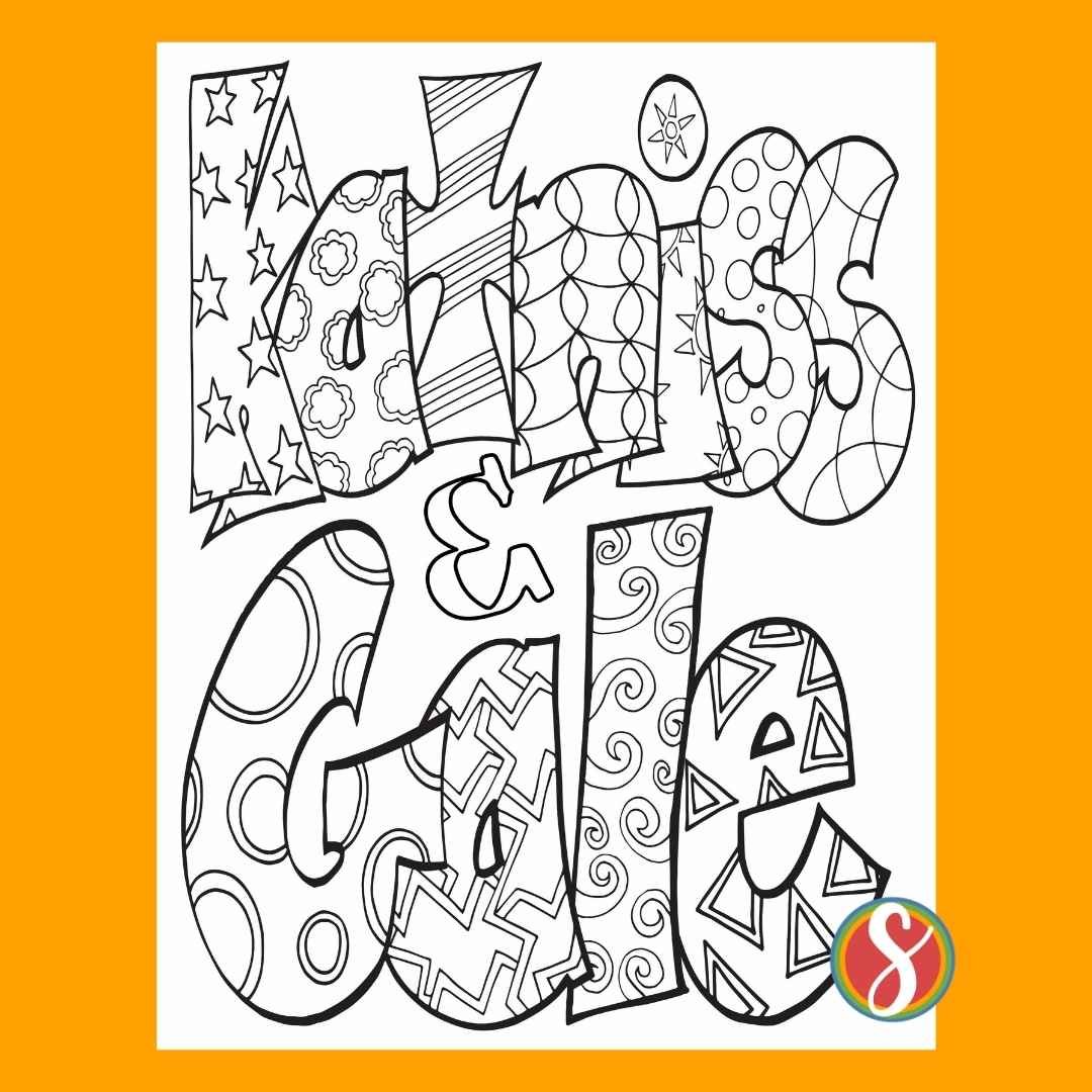 bubble letters "Katniss & Gale" with doodles inside to color