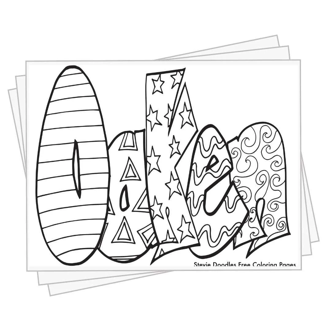 bubble letters "Oaken" with doodles inside to color
