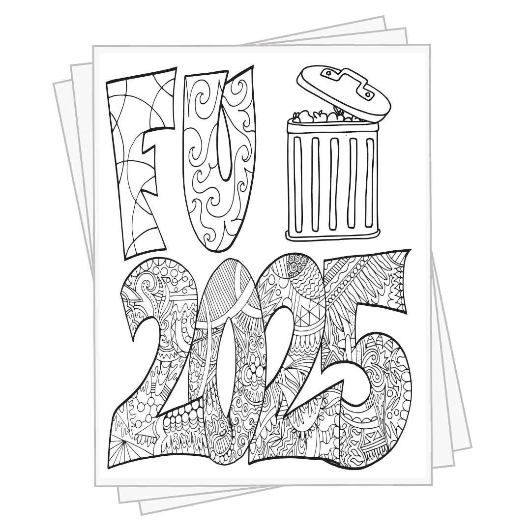colorable letters "FU" and numbers "2025" and a colorable trash can
