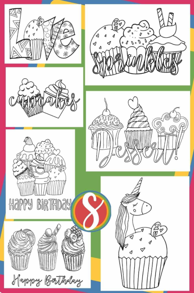 collage of cupcake coloring pages for girls