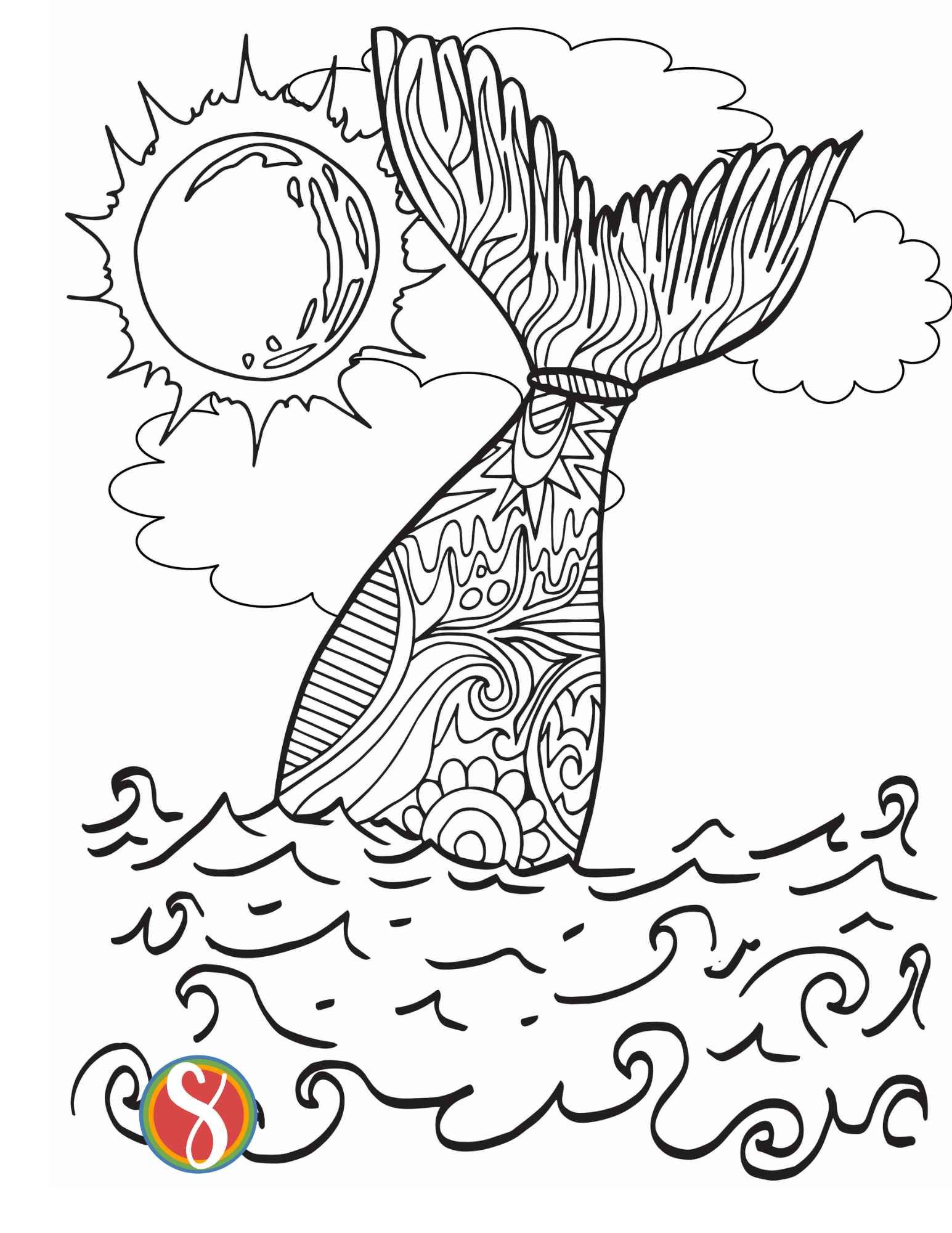 A lage mermaid tail full of colorable doodles is coming out of colorable waves with a colorable sun and coloring clouds in the background