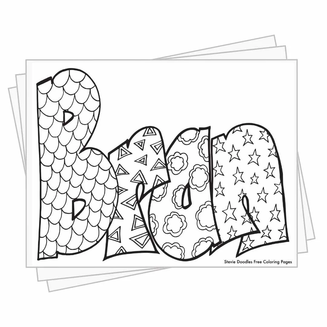 bubble letters "Bran" with doodles inside to color